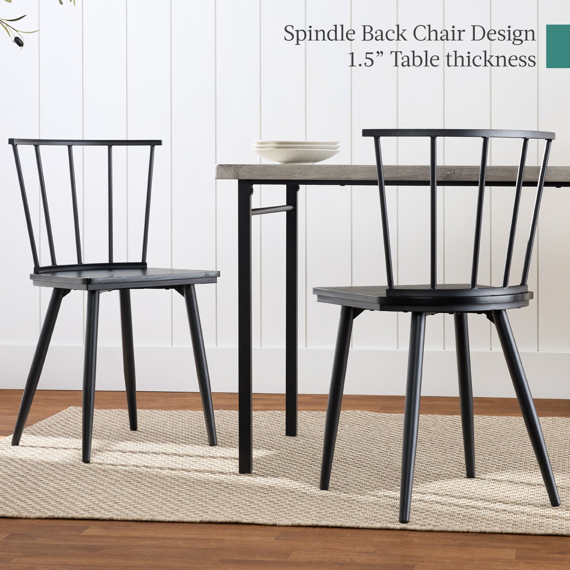 4-Piece Farmhouse Dining Table Set w/ 2 Black Spindle Chairs, Bench, Table