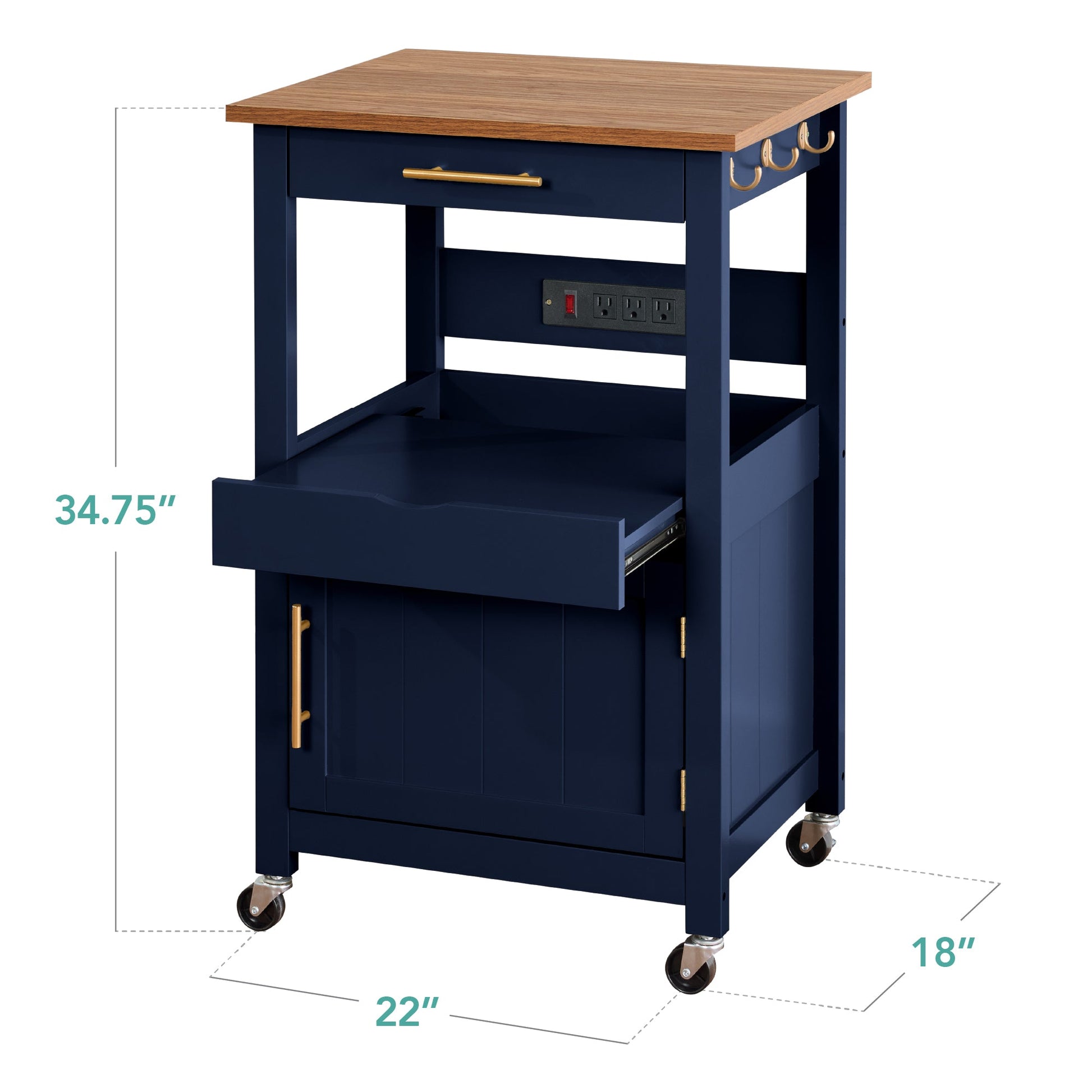 Rolling Kitchen Island Cart, Cabinet W/ Drawer, Sliding Tray, Outlet, Wheels