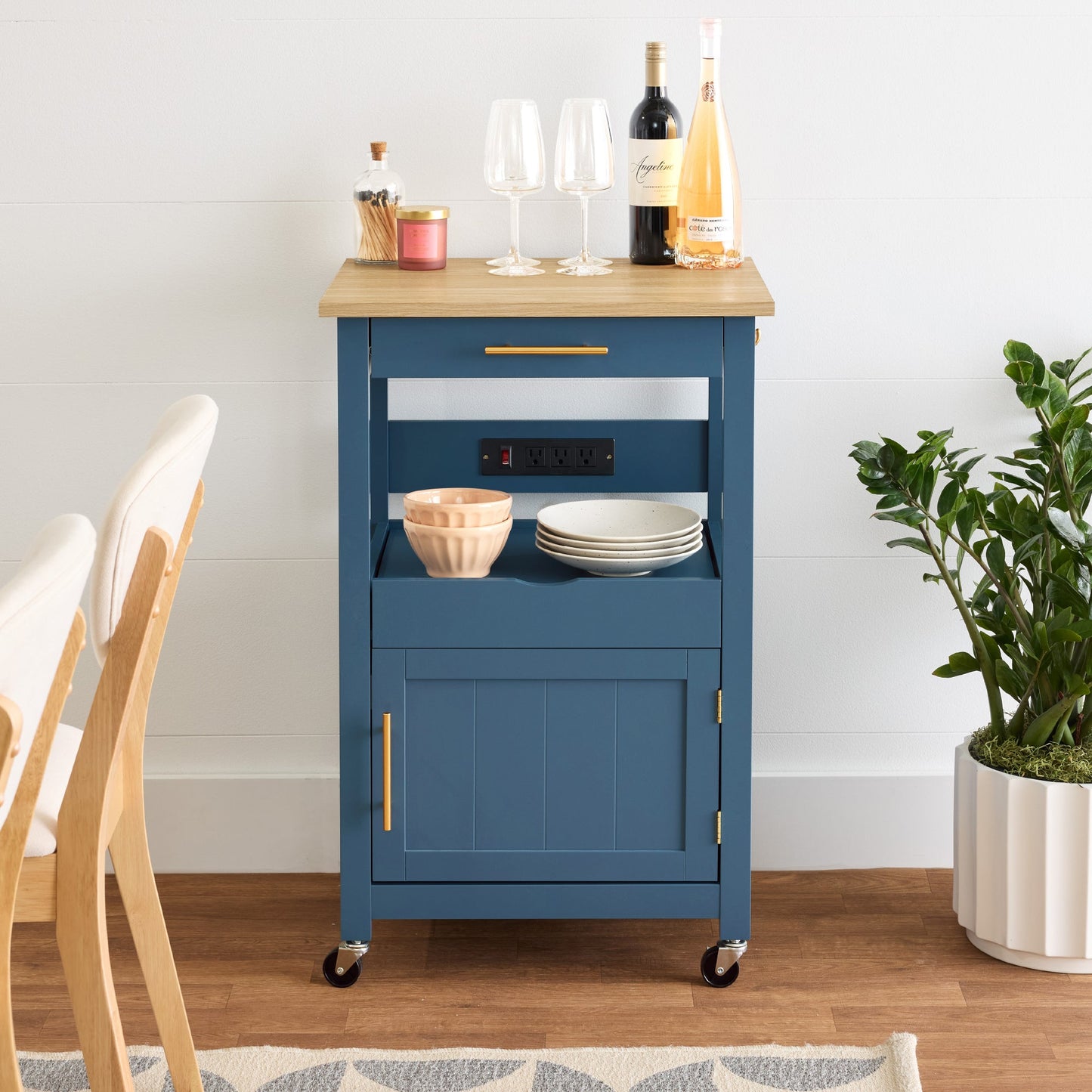 Rolling Kitchen Island Cart, Cabinet W/ Drawer, Sliding Tray, Outlet, Wheels