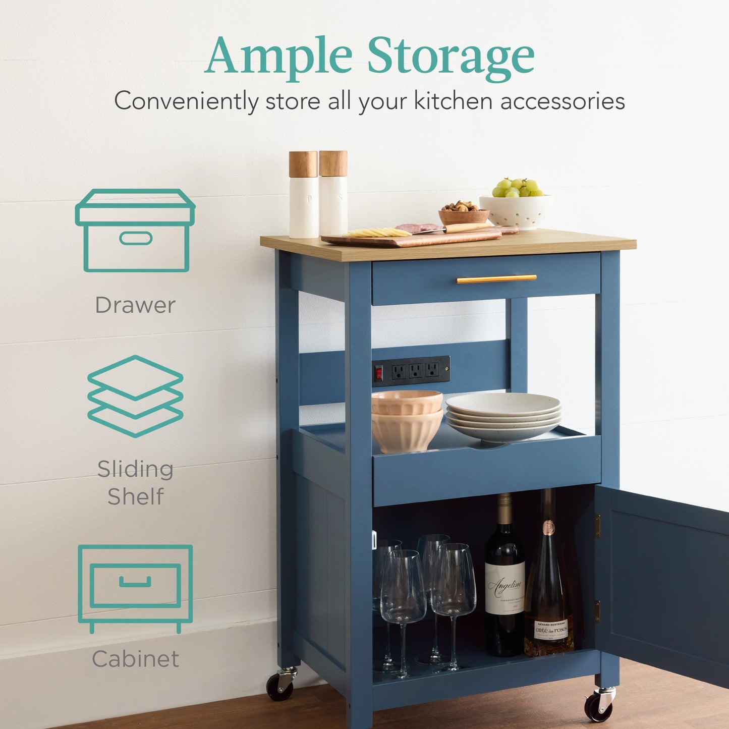 Rolling Kitchen Island Cart, Cabinet W/ Drawer, Sliding Tray, Outlet, Wheels