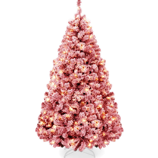 Pre-Lit Red Flocked Artificial Pine Christmas Tree w/ White Lights