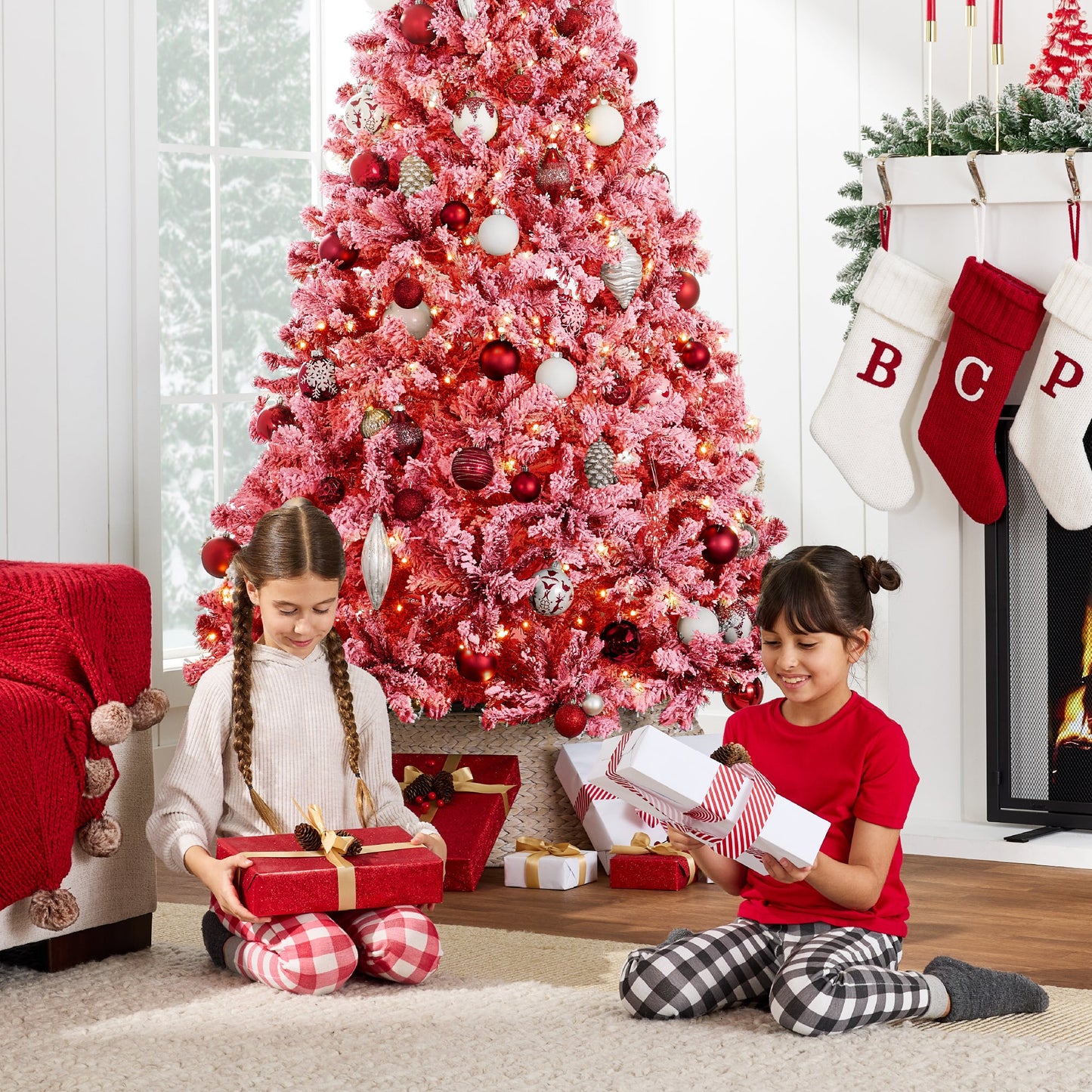 Pre-Lit Red Flocked Artificial Pine Christmas Tree w/ White Lights