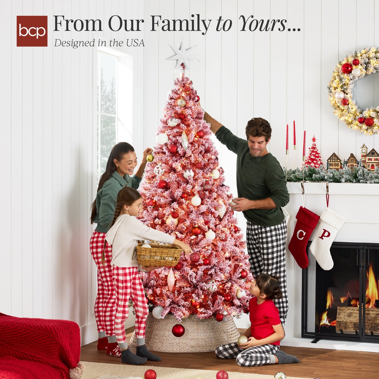 Pre-Lit Red Flocked Artificial Pine Christmas Tree w/ White Lights