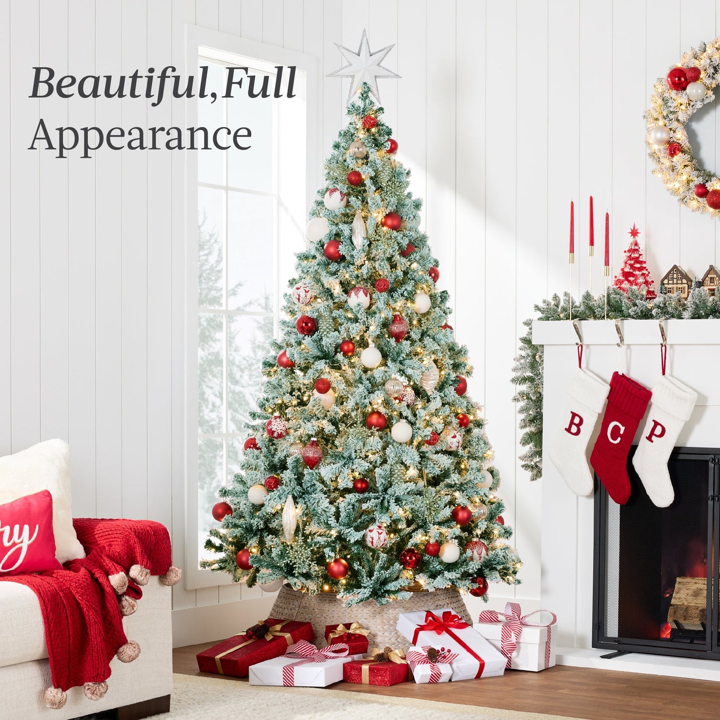 Pre-Lit Sage Green Flocked Artificial Pine Christmas Tree w/ White Lights