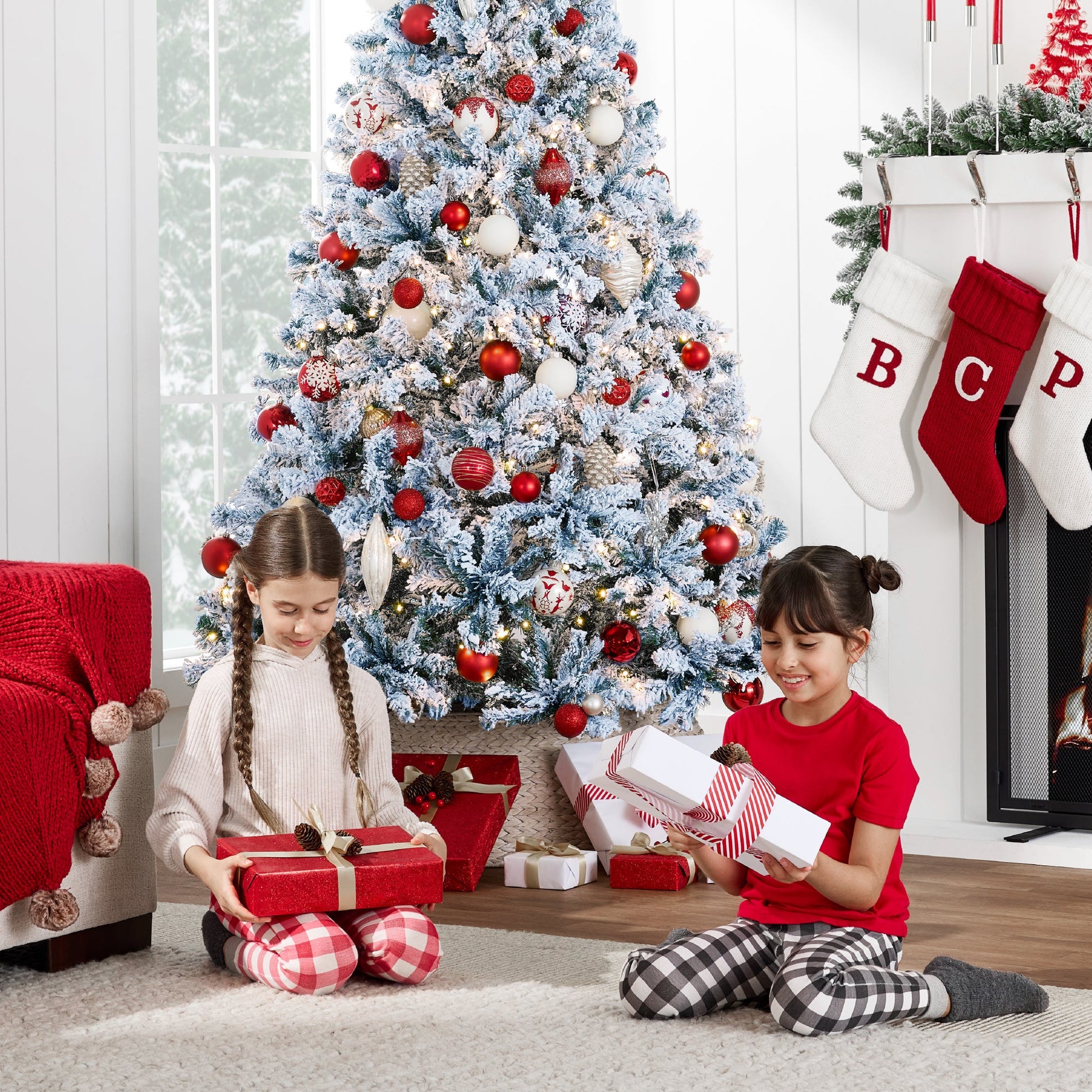 Pre-Lit Ice Blue Flocked Artificial Pine Christmas Tree w/ White Lights