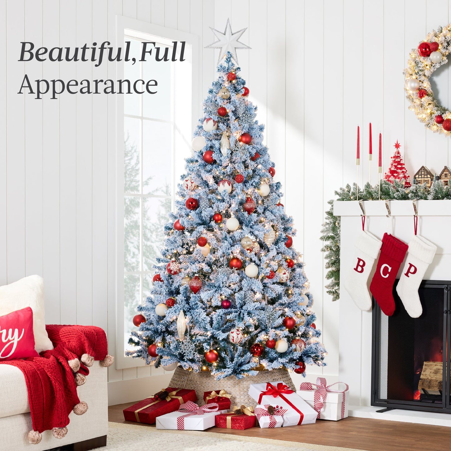 Pre-Lit Ice Blue Flocked Artificial Pine Christmas Tree w/ White Lights