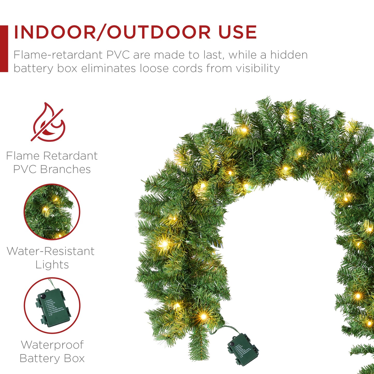 9Ft Pre-Lit Christmas Garland W/ 2-In-1 Led Lights