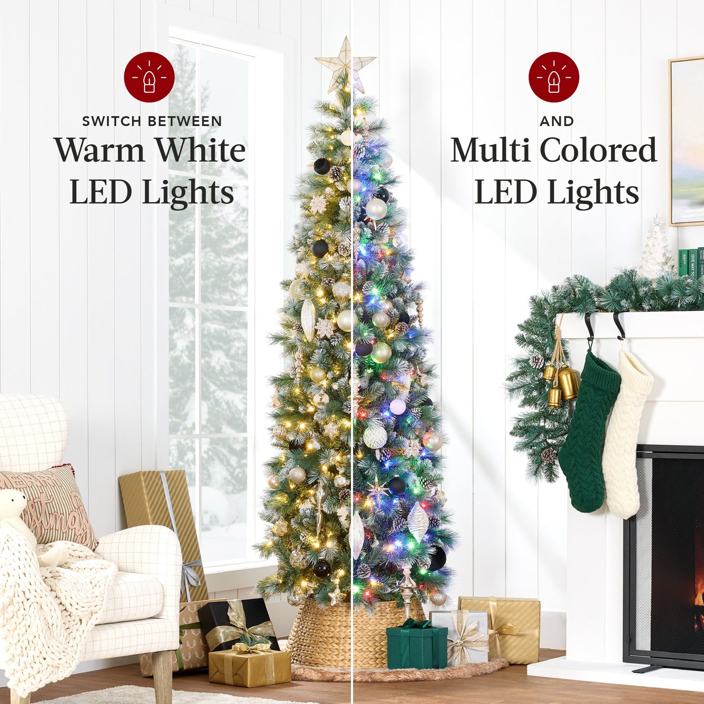 Pre-Lit Artificial Frosted Scotch Pine Pencil Christmas Tree w/ Metal Stand