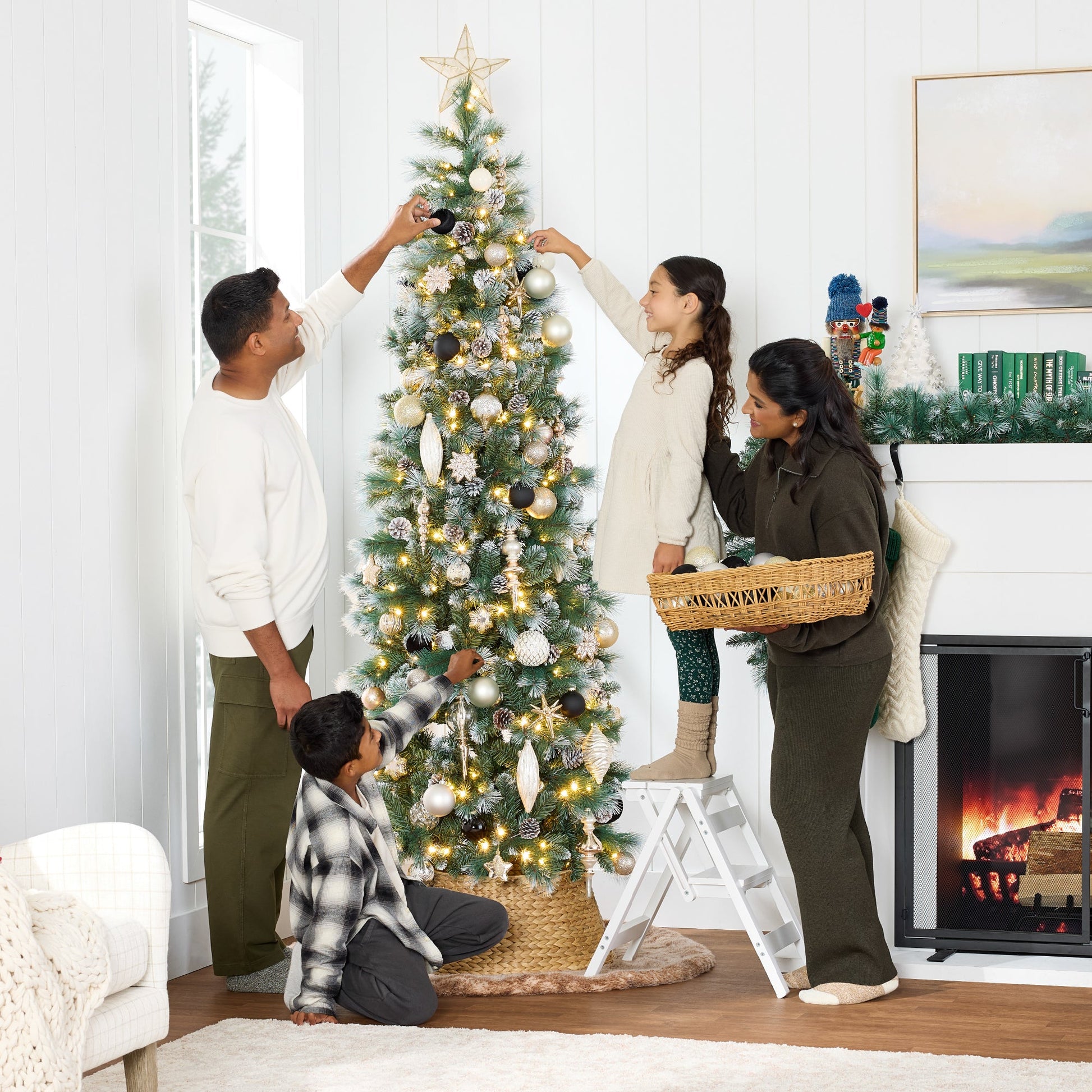 Pre-Lit Artificial Frosted Scotch Pine Pencil Christmas Tree w/ Metal Stand
