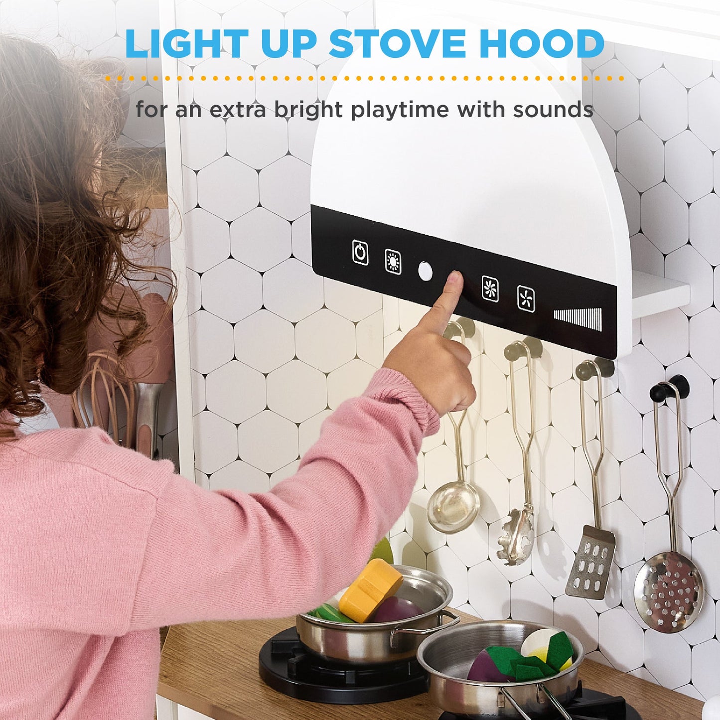 Pretend Play Corner Kitchen Wooden Toy Set for Kids w/ Lights, Sounds
