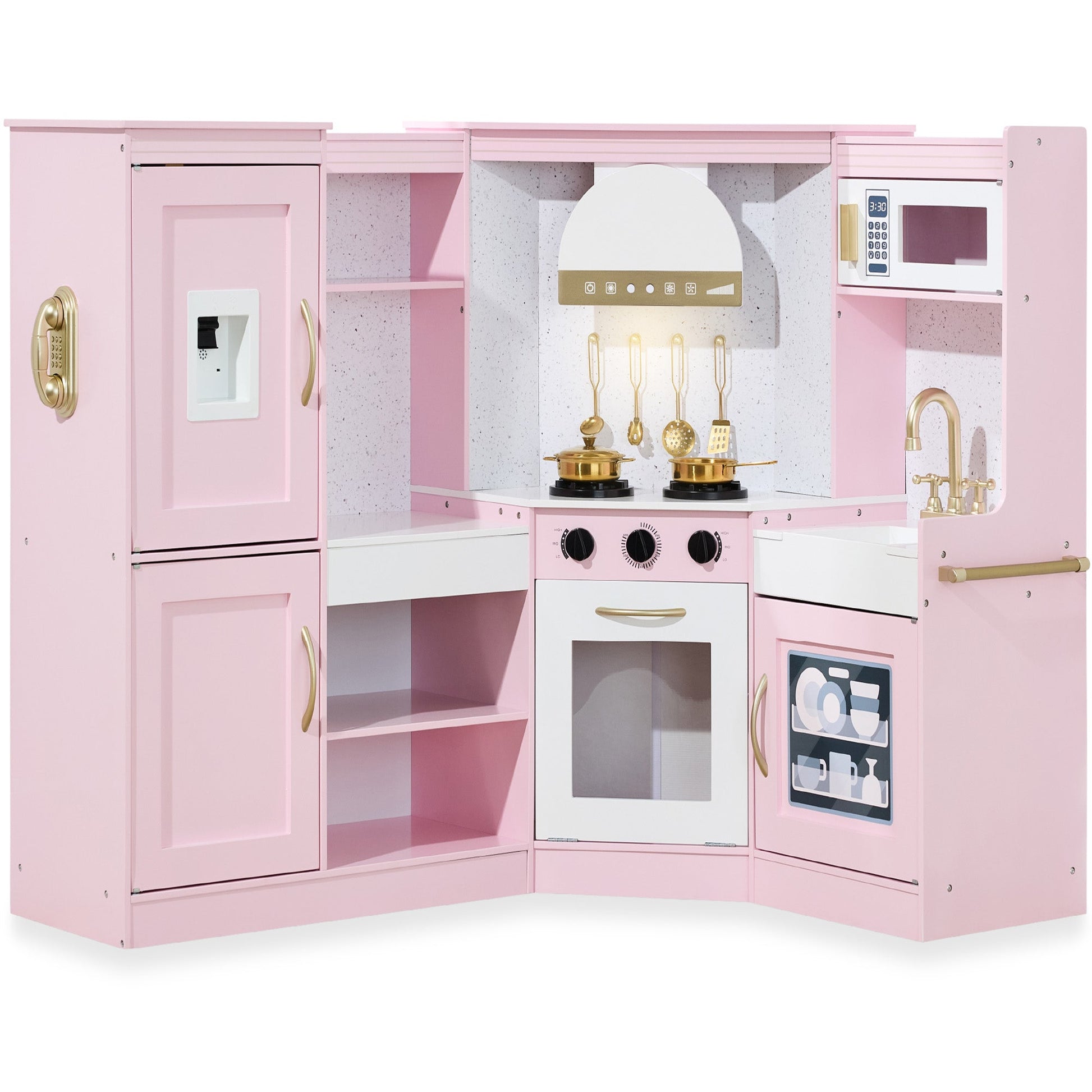 Pretend Play Corner Kitchen Wooden Toy Set for Kids w/ Lights, Sounds