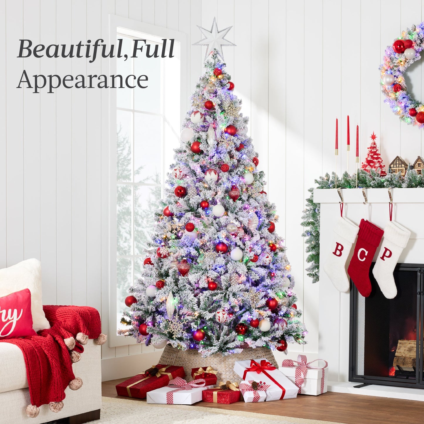 Pre-Lit Snow Flocked Artificial Pine Christmas Tree w/ Multicolored Lights