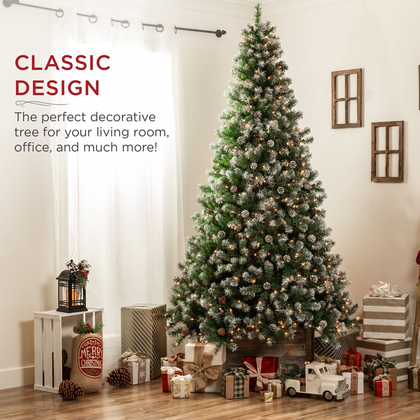 Pre-Decorated Christmas Tree w/ Pinecones, Flocked Branch Tips
