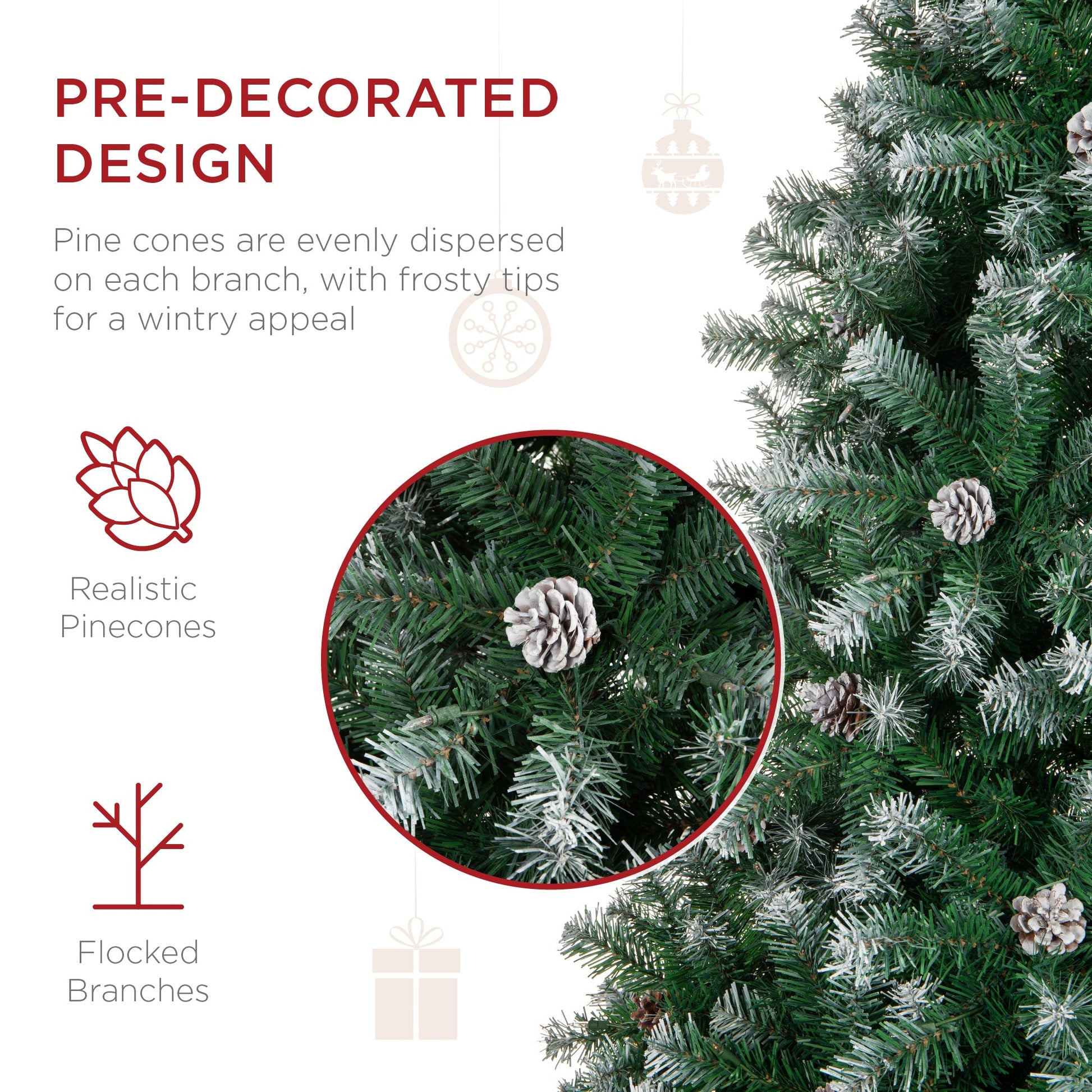 Pre-Decorated Christmas Tree w/ Pinecones, Flocked Branch Tips