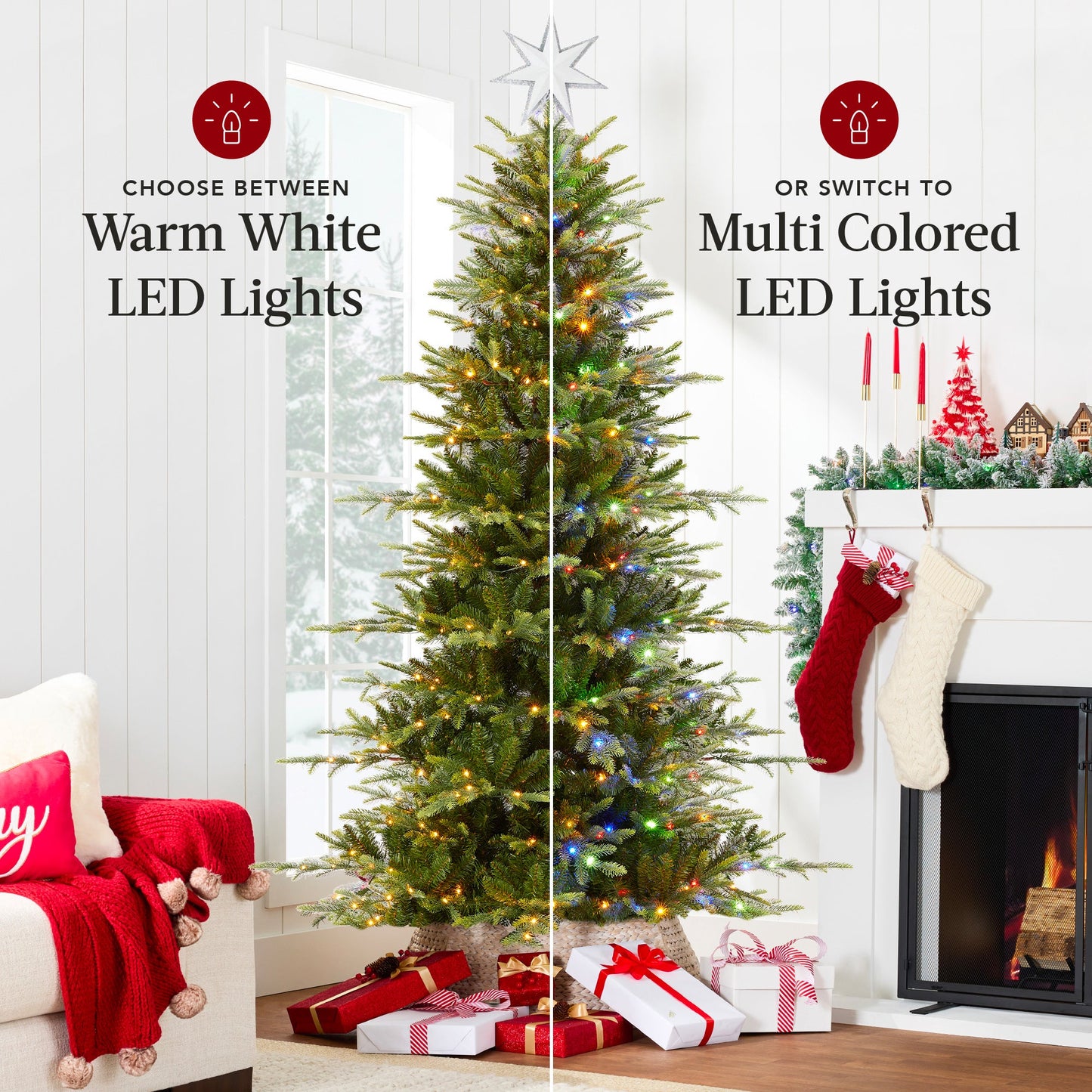 Pre-Lit Artificial Aspen Slim Noble Fir Christmas Tree w/ Metal Stand
