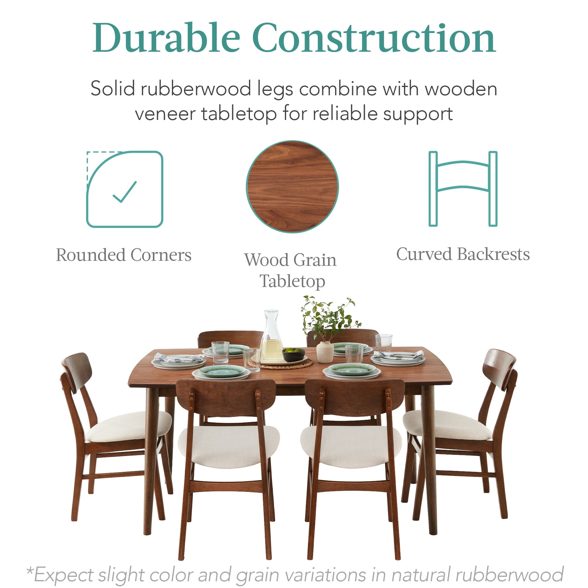 7-Piece Mid-Century Modern Dining Set, Wood Upholstered w/ 6 Chairs