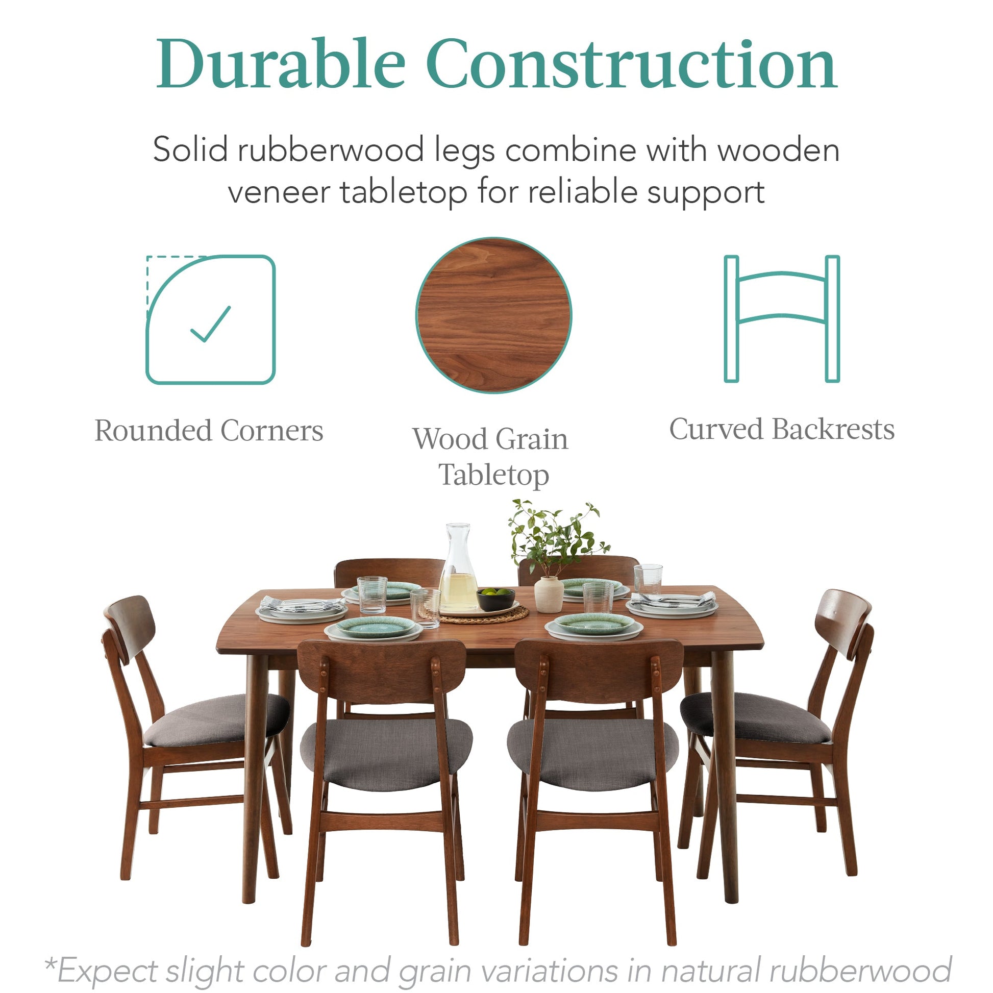 7-Piece Mid-Century Modern Dining Set, Wood Upholstered w/ 6 Chairs