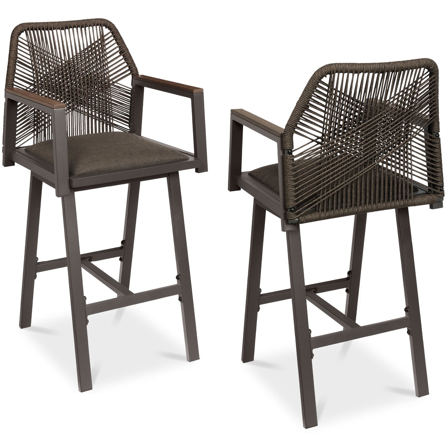 Set of 2 Indoor/Outdoor Aluminum Swivel Barstools with Arms All-Weather Rope