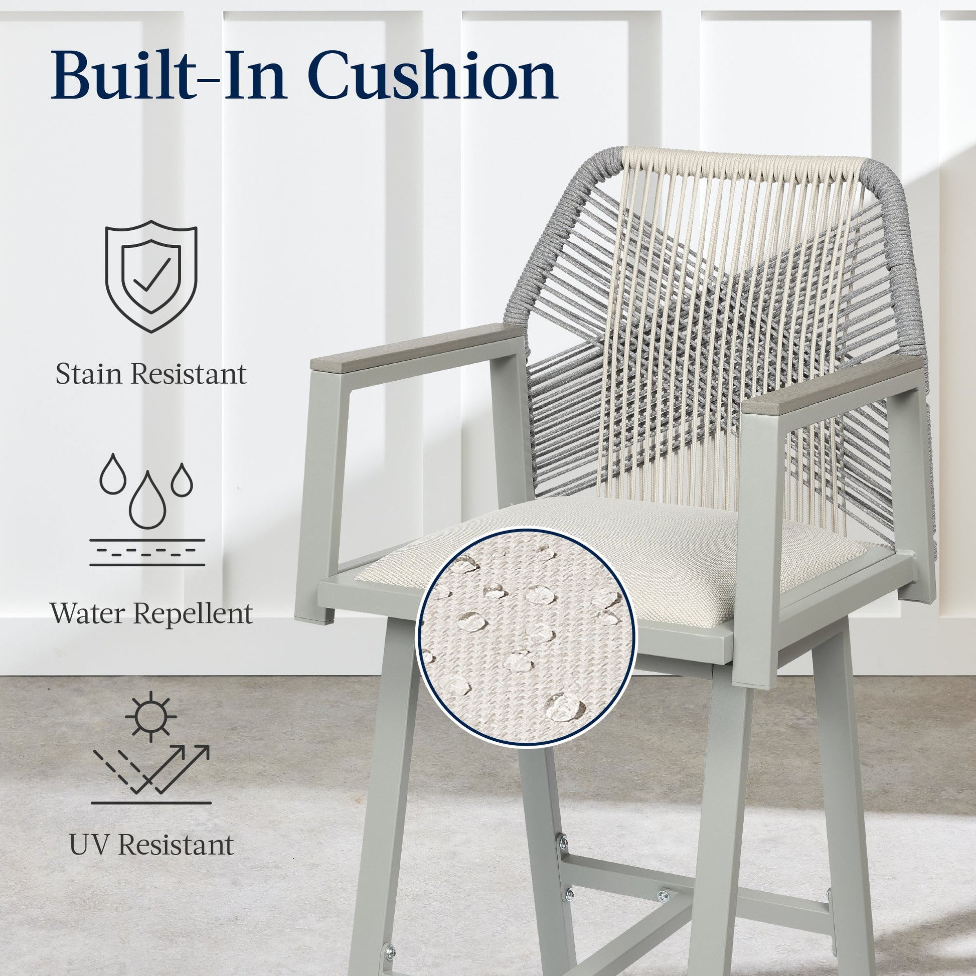 Set of 2 Indoor/Outdoor Aluminum Swivel Barstools with Arms All-Weather Rope
