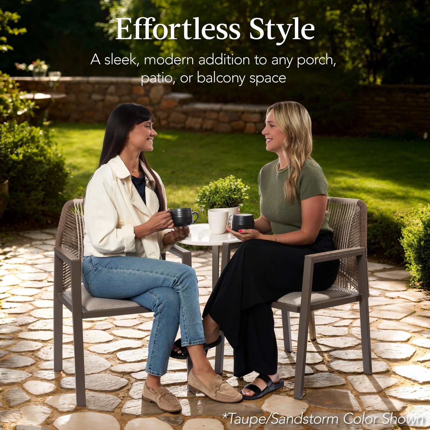 Set of 2 Indoor/Outdoor Aluminum Dining Chairs with Arms All-Weather Rope