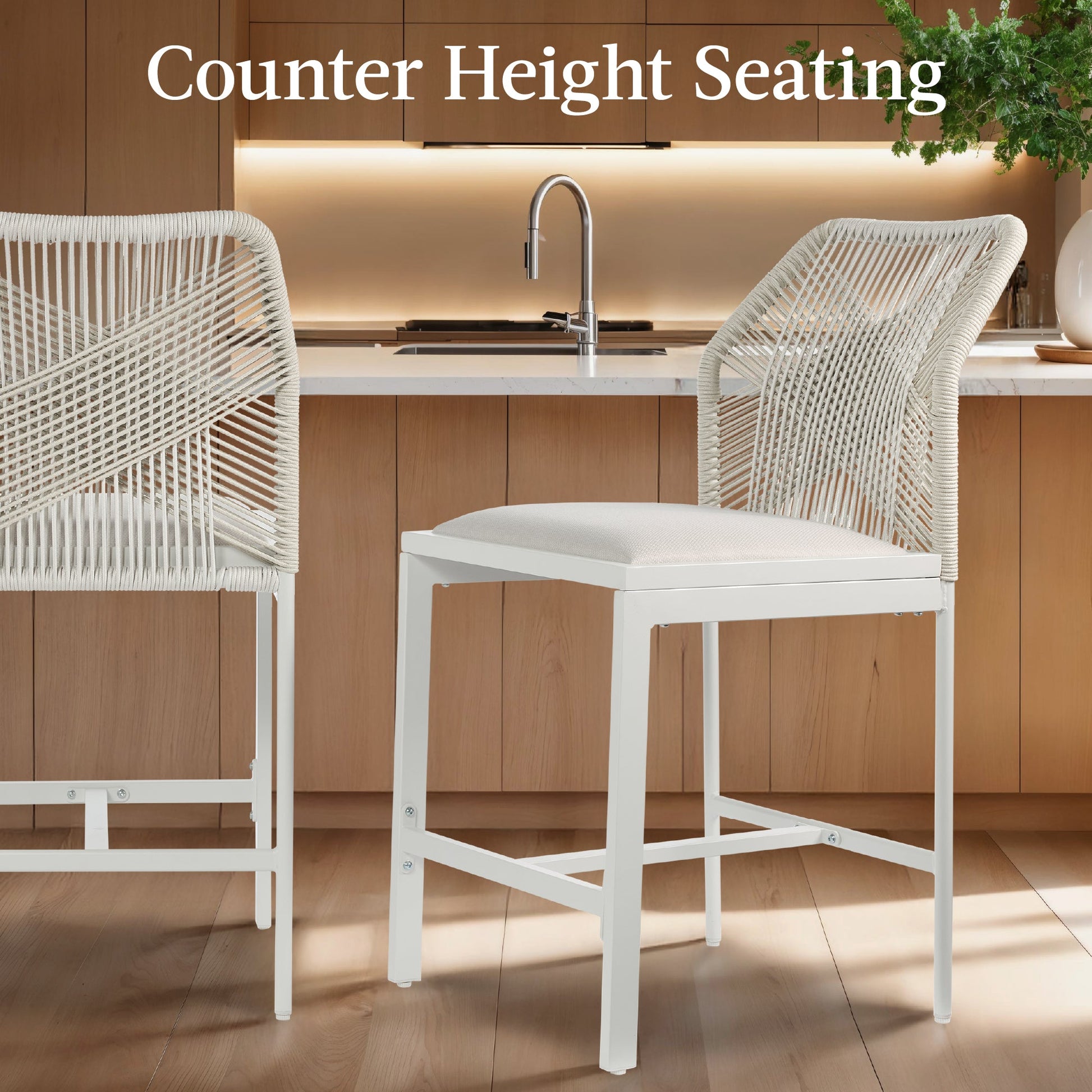 Set of 2 Indoor Outdoor Counter Height Bar Stools w/ All-Weather Rope