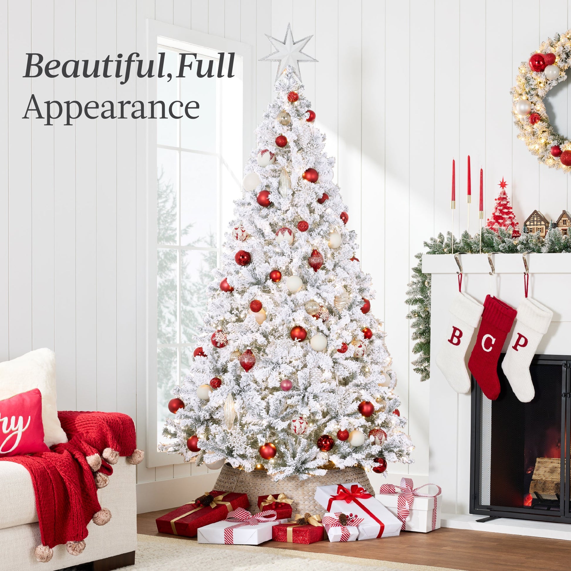 Pre-Lit White Snow Flocked Artificial Pine Christmas Tree w/ 2-in-1 Lights