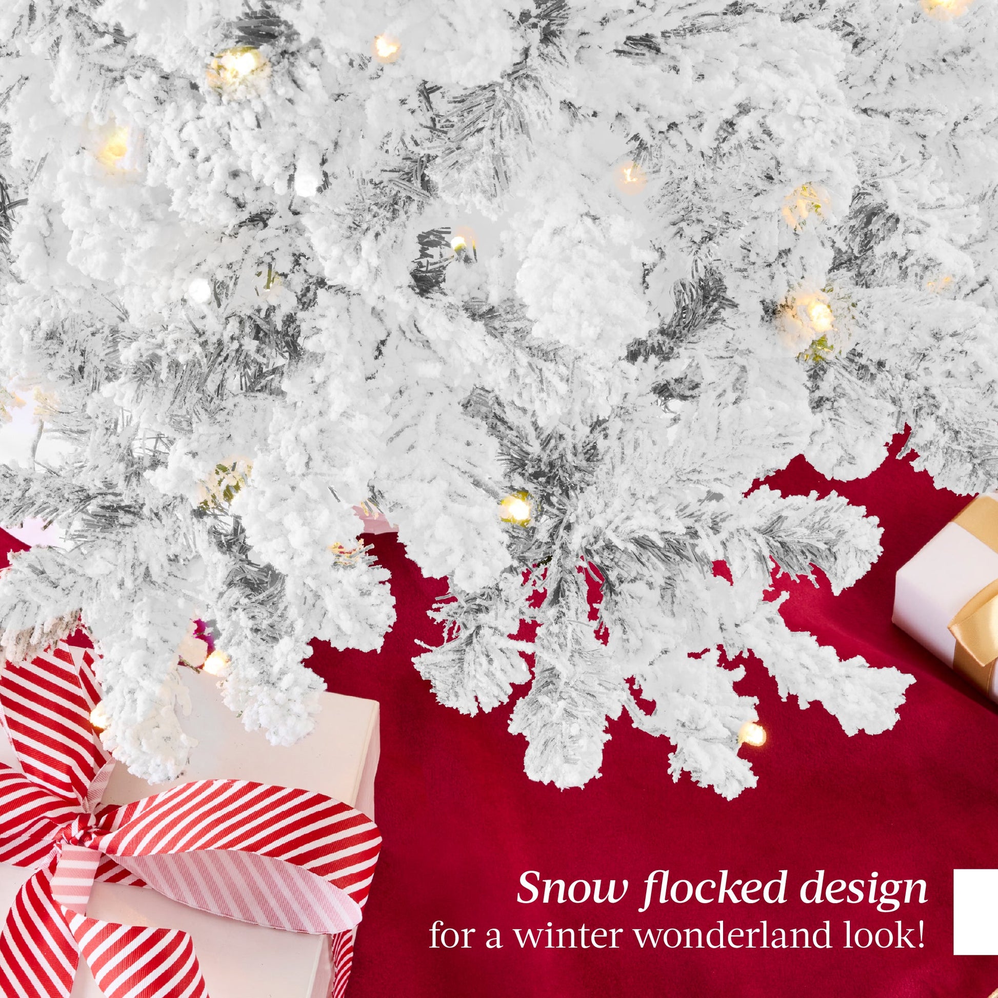 Pre-Lit White Snow Flocked Artificial Pine Christmas Tree w/ 2-in-1 Lights