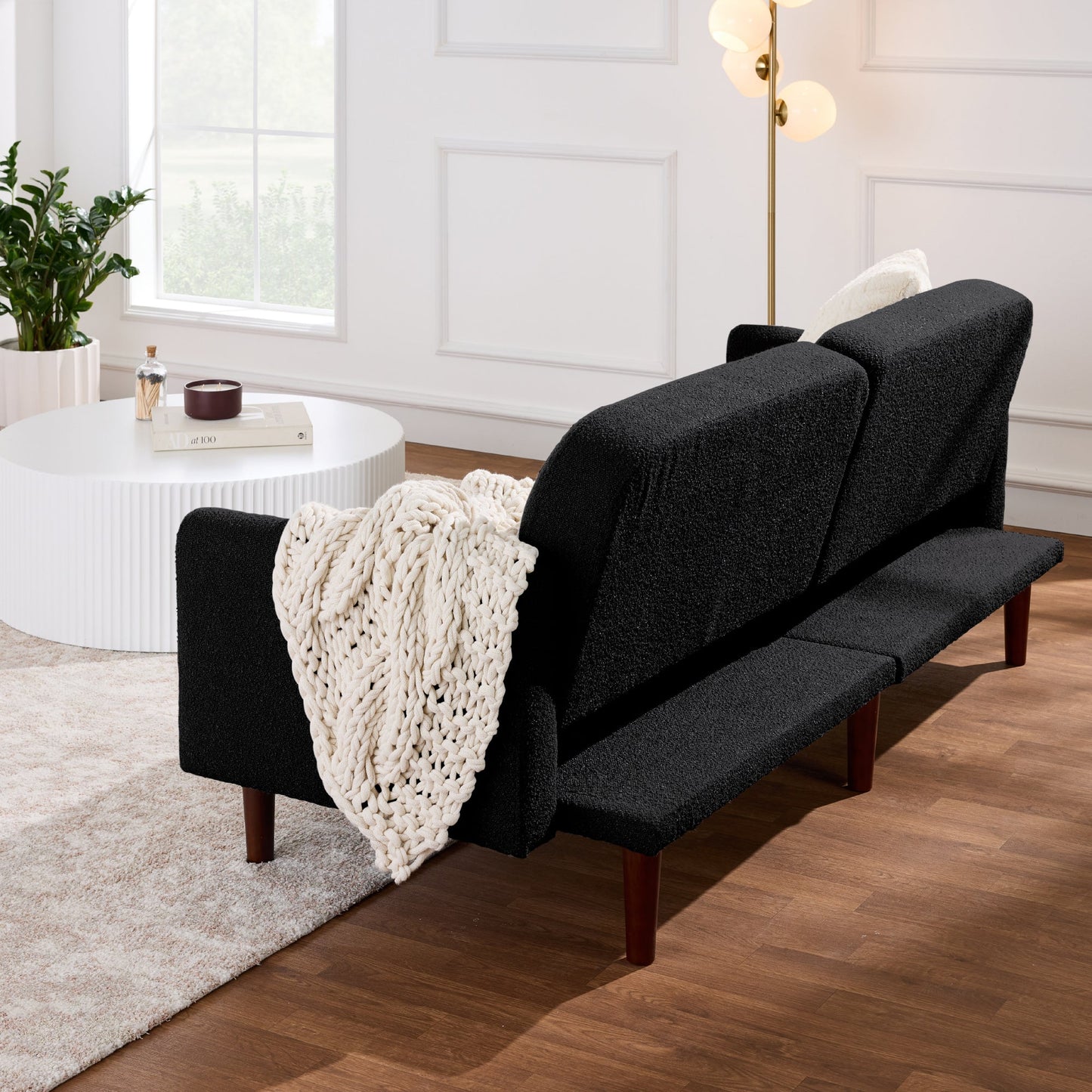 Curved Convertible Futon, Boucle Fabric Split-Back Sleeper Bed