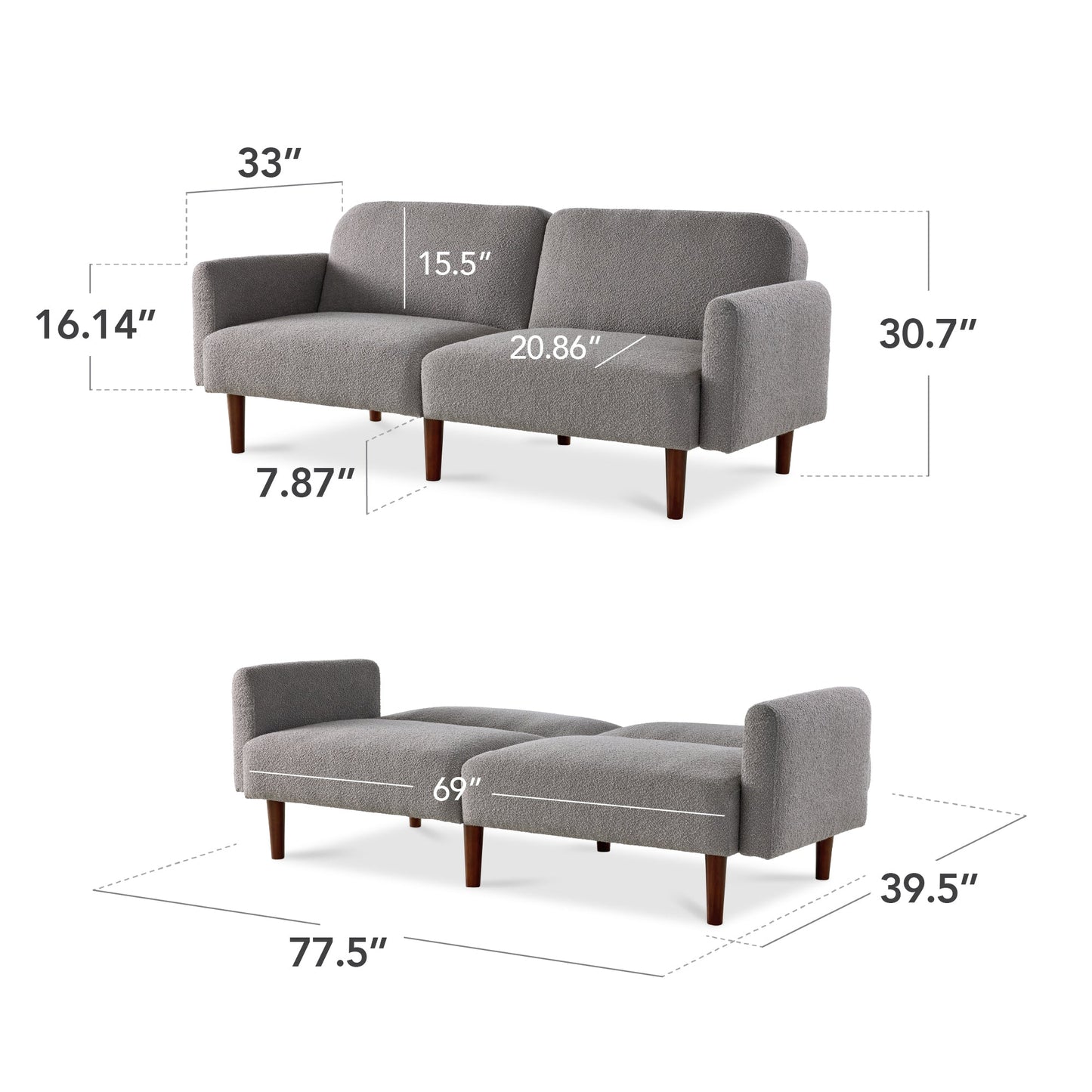 Curved Convertible Futon, Boucle Fabric Split-Back Sleeper Bed