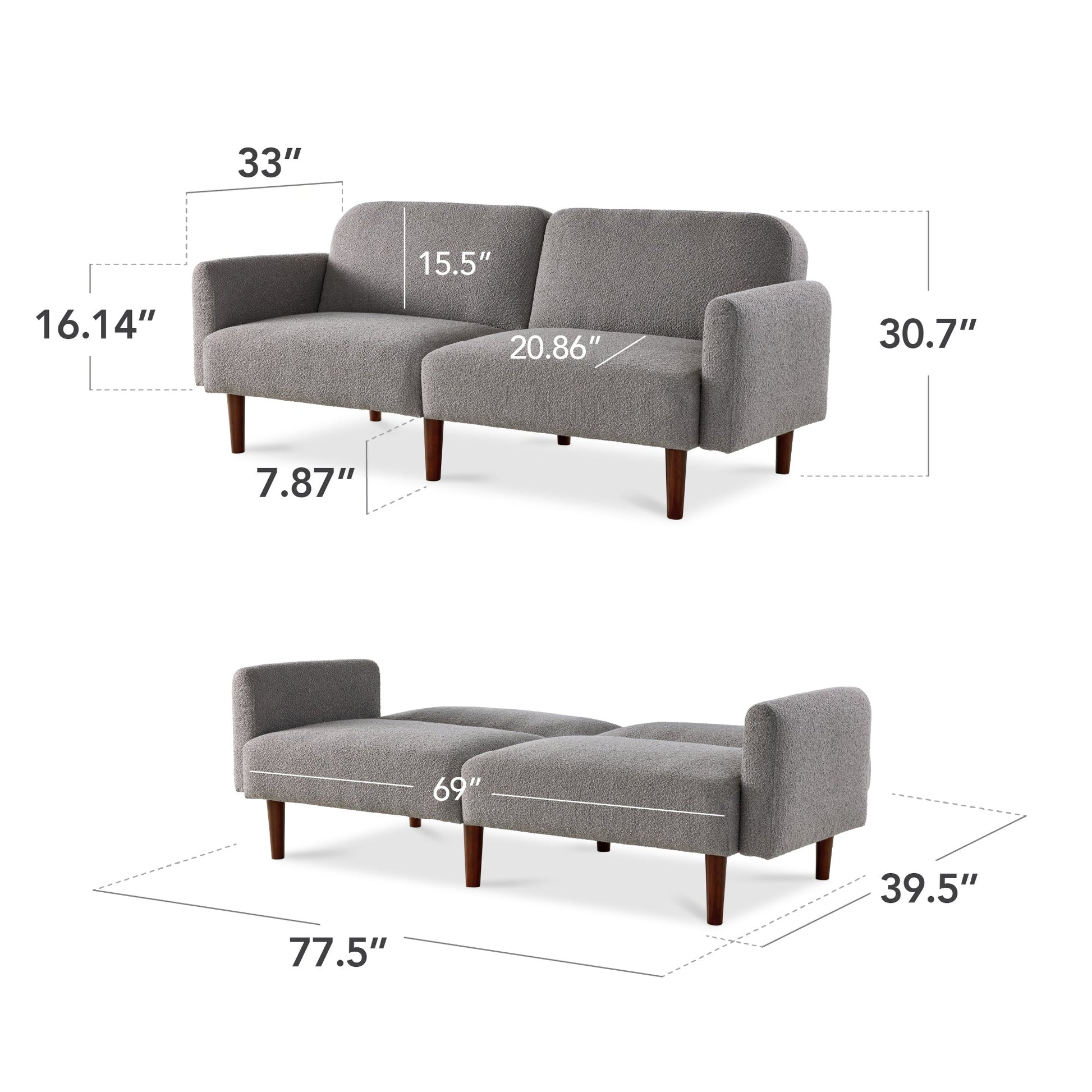 Curved Convertible Futon, Boucle Fabric Split-Back Sleeper Bed
