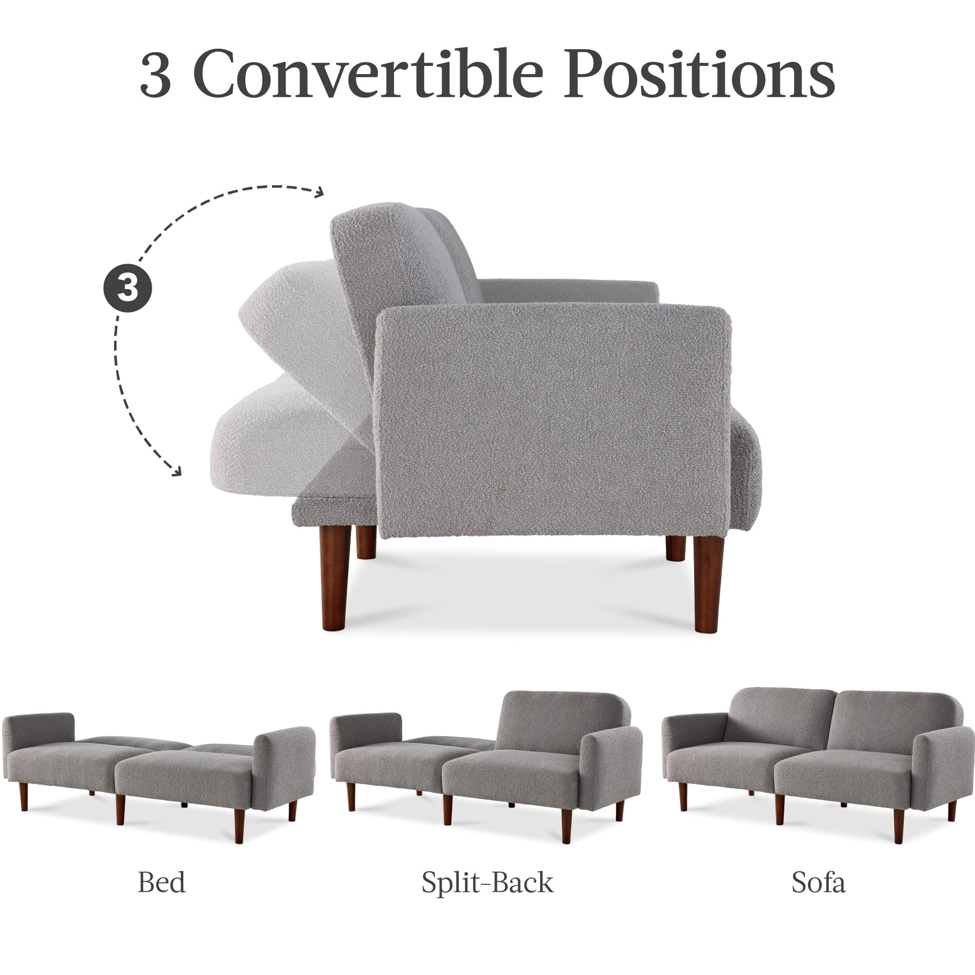 Curved Convertible Futon, Boucle Fabric Split-Back Sleeper Bed