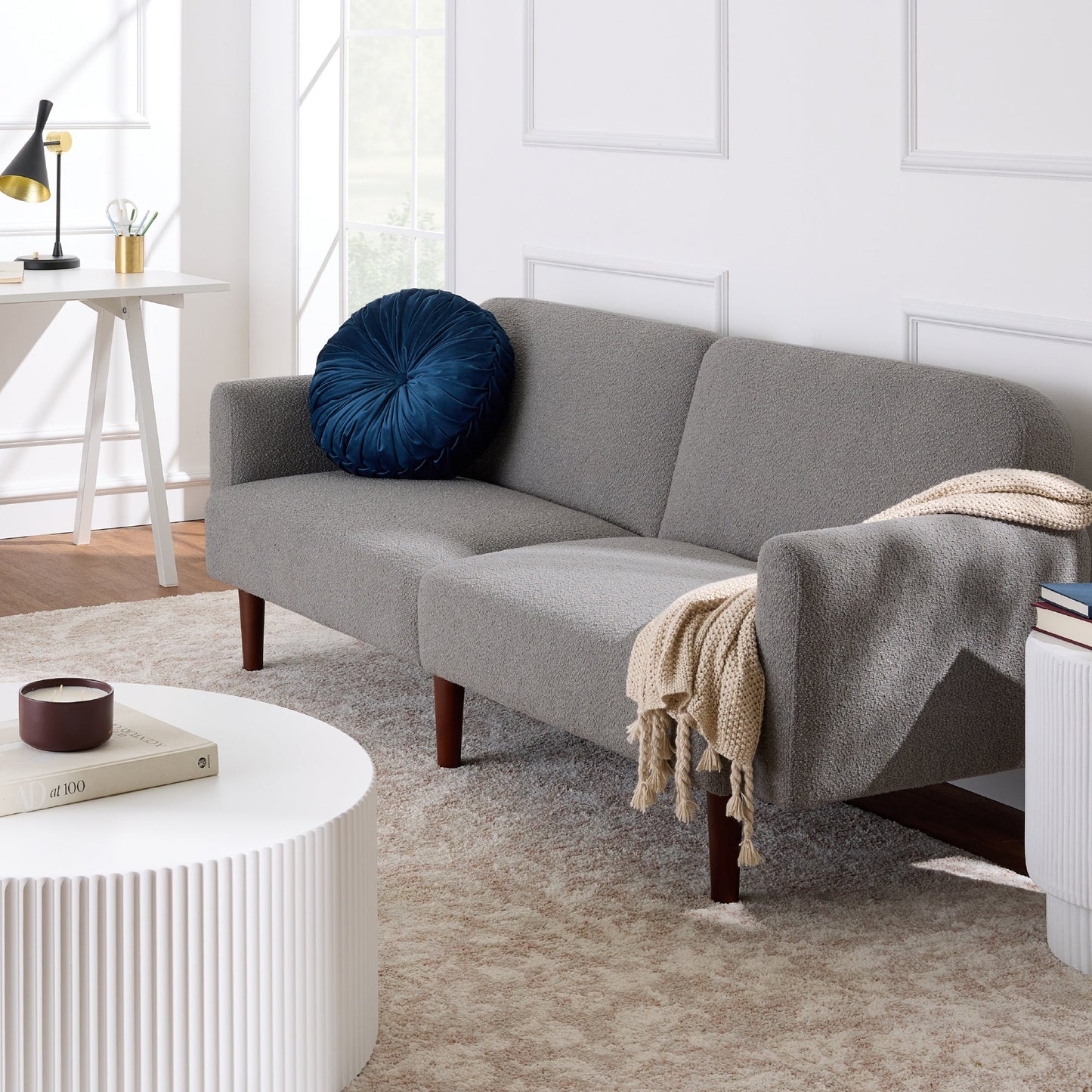 Curved Convertible Futon, Boucle Fabric Split-Back Sleeper Bed