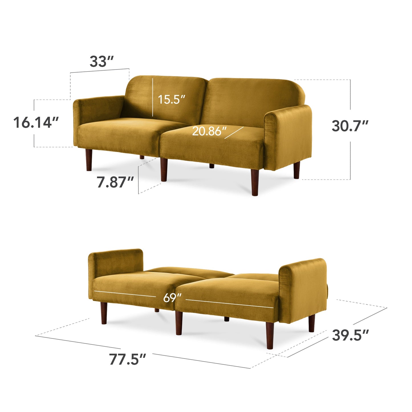 Curved Convertible Futon, Velvet Fabric Split-Back Sleeper Bed