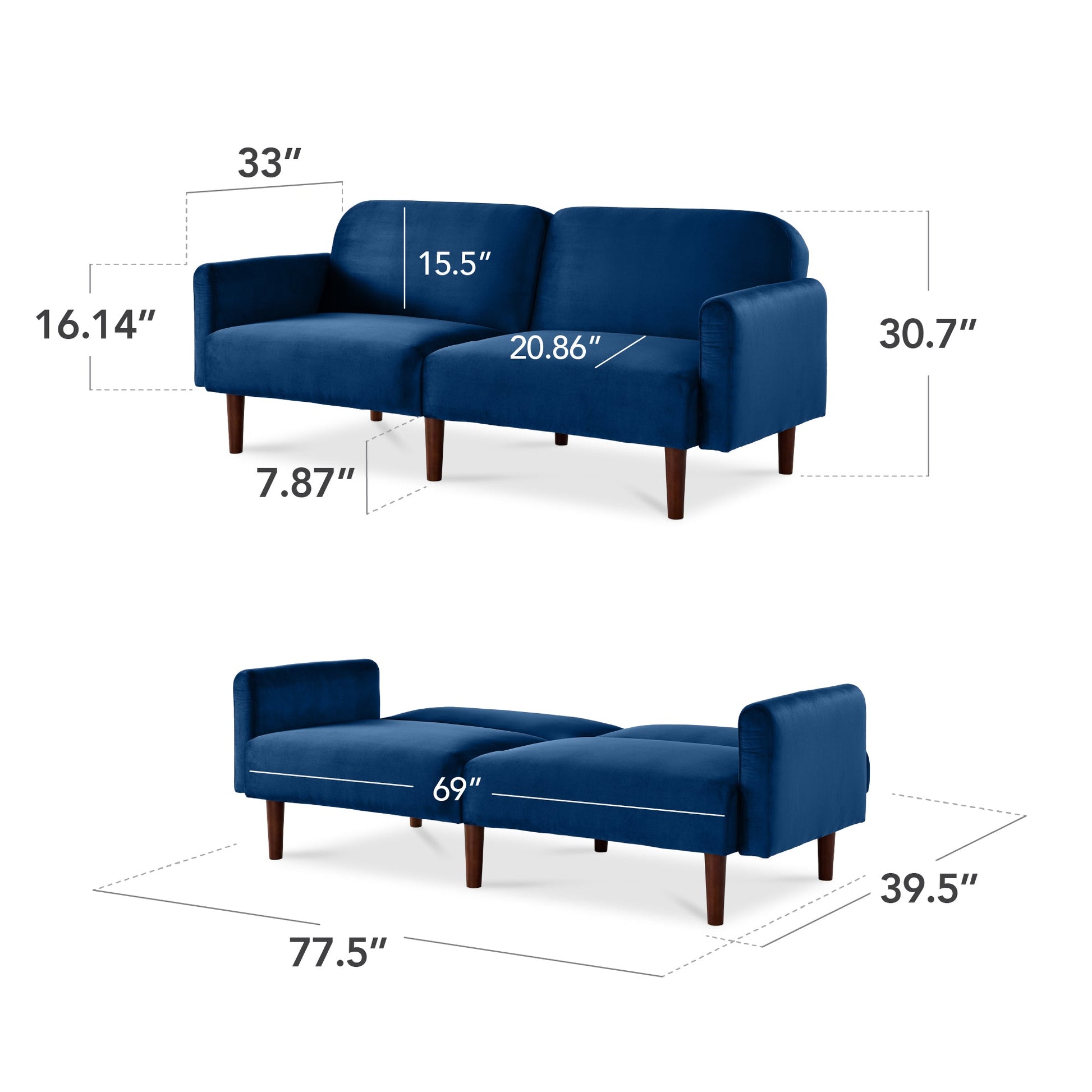 Curved Convertible Futon, Velvet Fabric Split-Back Sleeper Bed