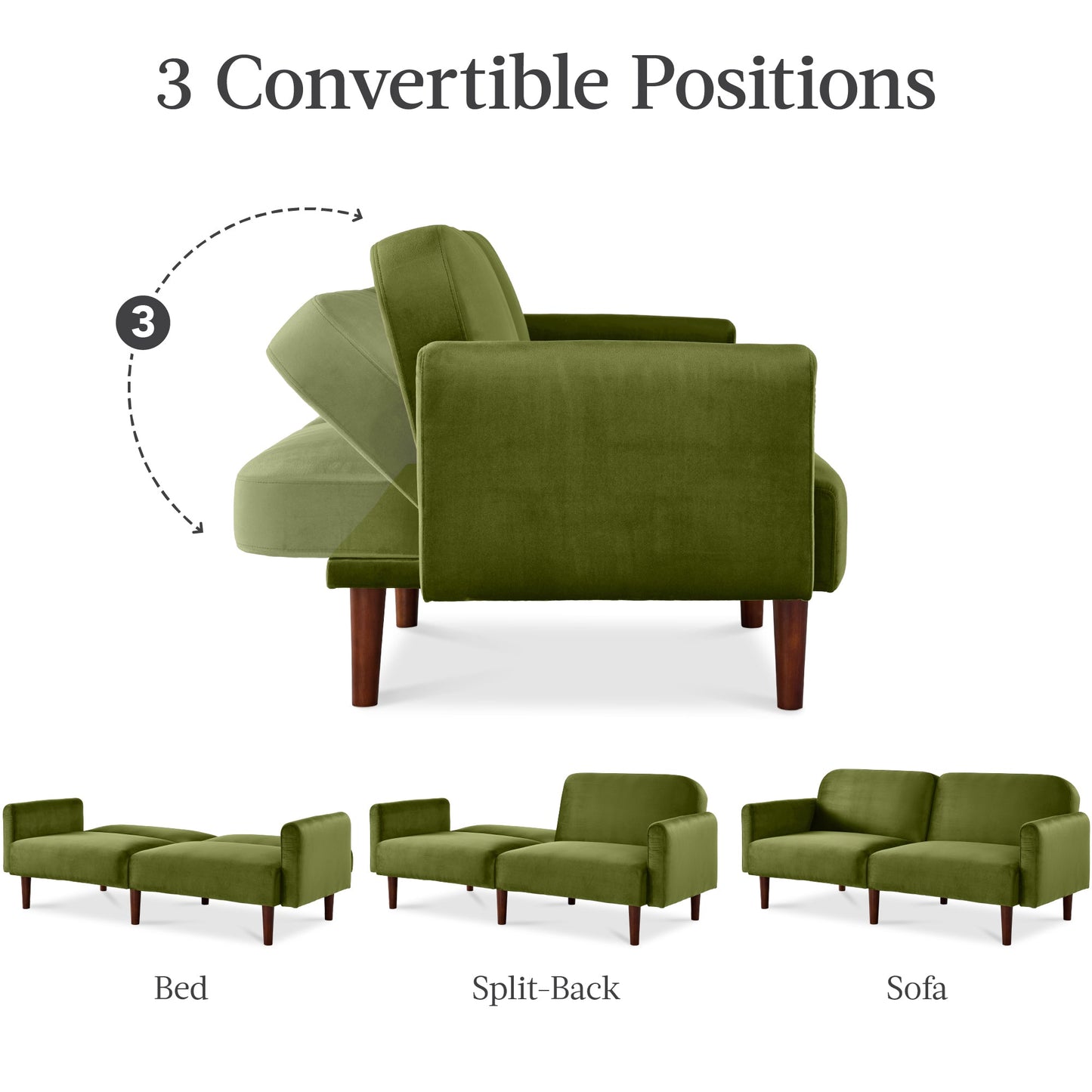 Curved Convertible Futon, Velvet Fabric Split-Back Sleeper Bed