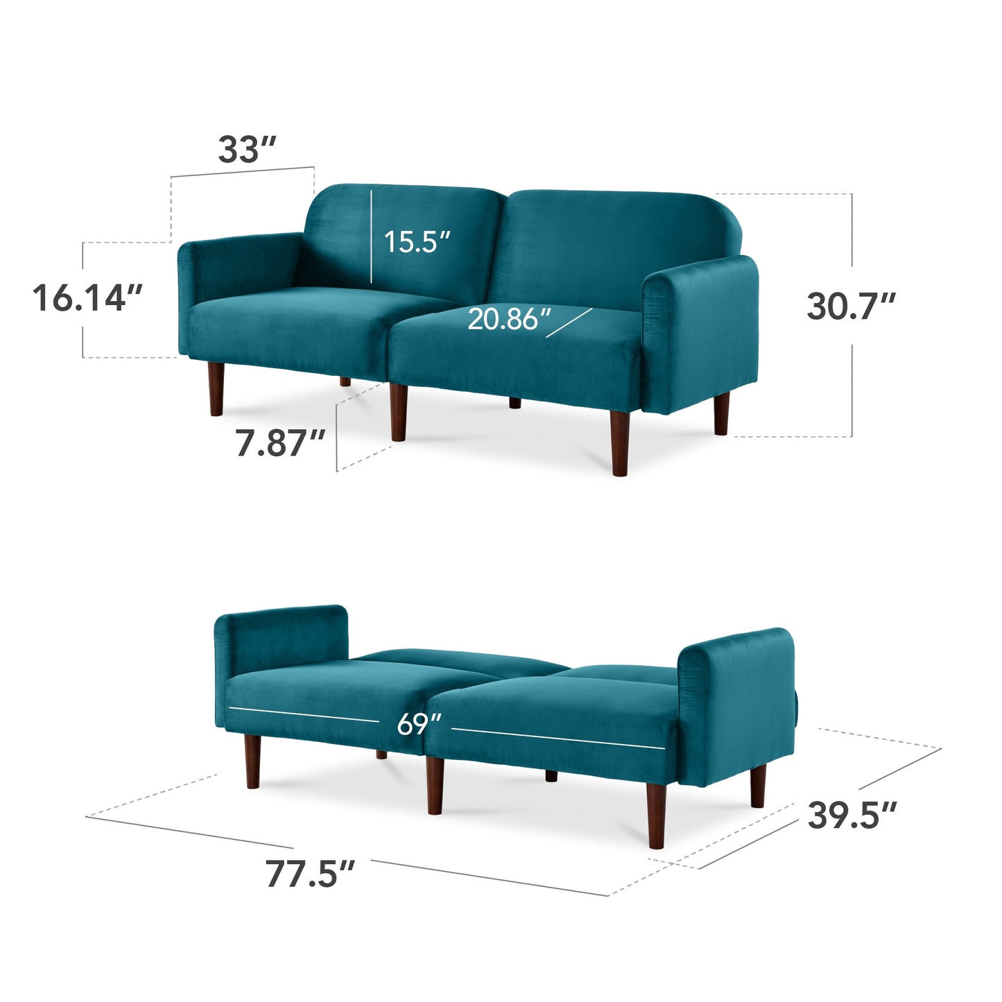 Curved Convertible Futon, Velvet Fabric Split-Back Sleeper Bed