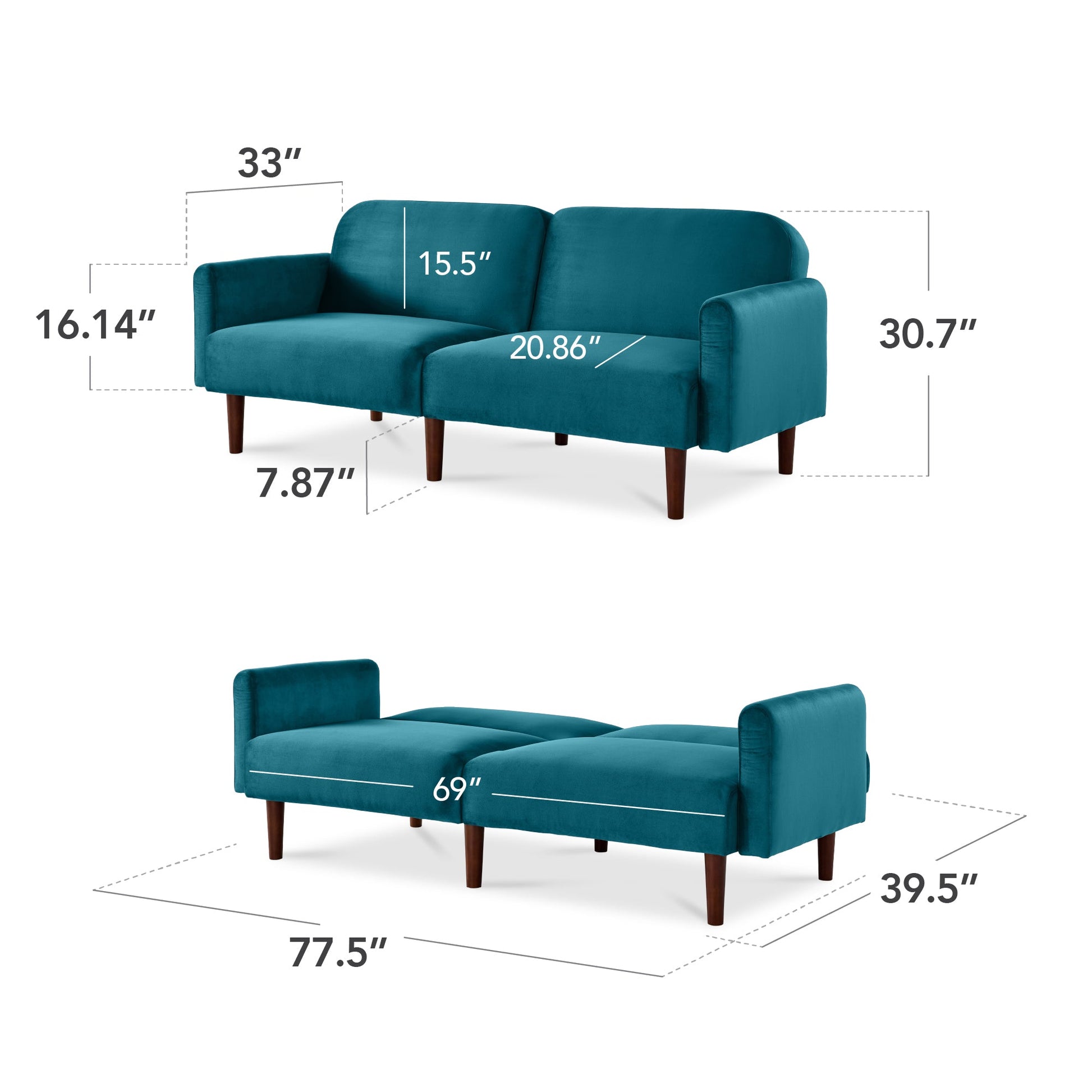 Curved Convertible Futon, Velvet Fabric Split-Back Sleeper Bed