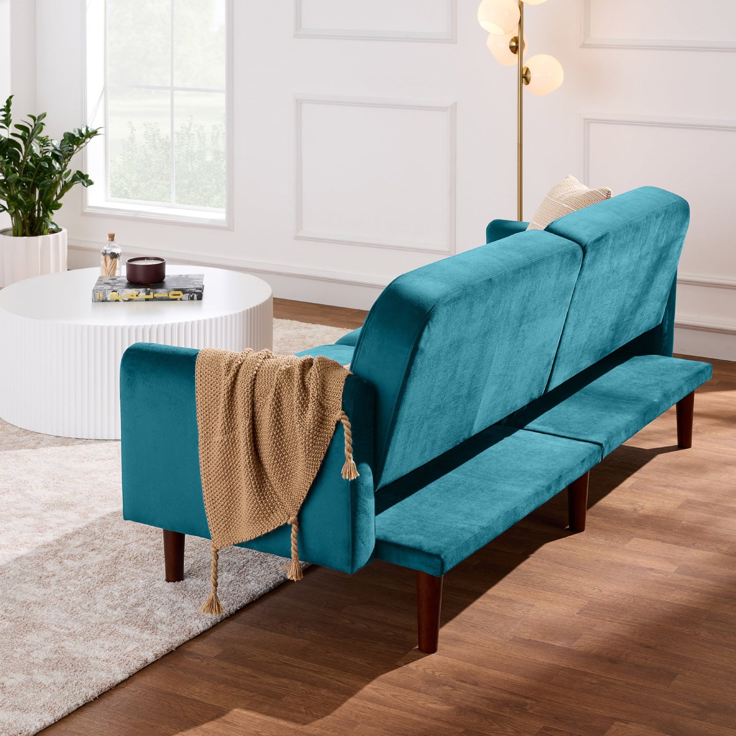 Curved Convertible Futon, Velvet Fabric Split-Back Sleeper Bed