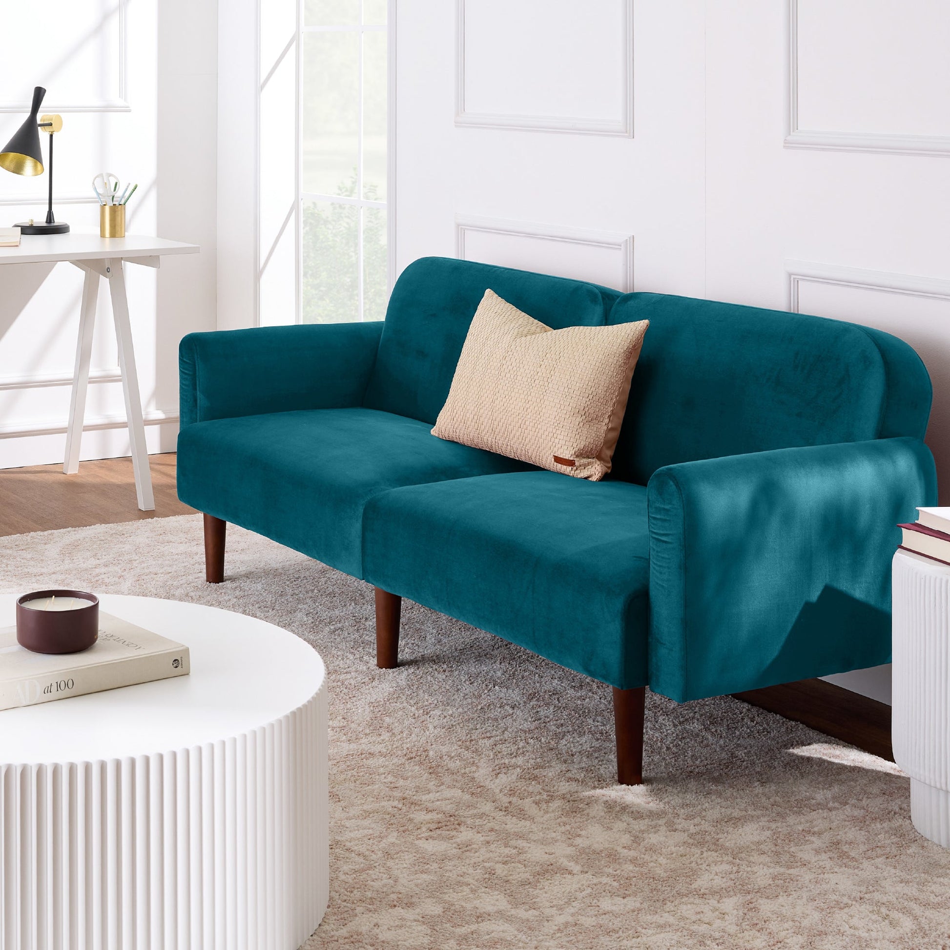 Curved Convertible Futon, Velvet Fabric Split-Back Sleeper Bed