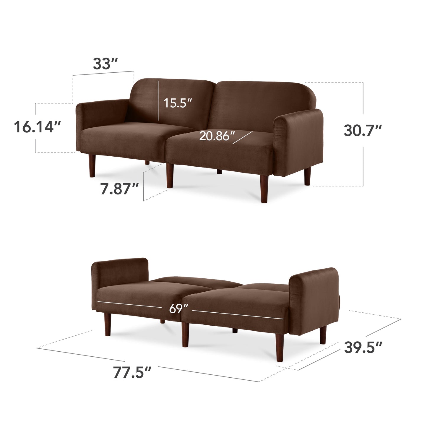 Curved Convertible Futon, Velvet Fabric Split-Back Sleeper Bed