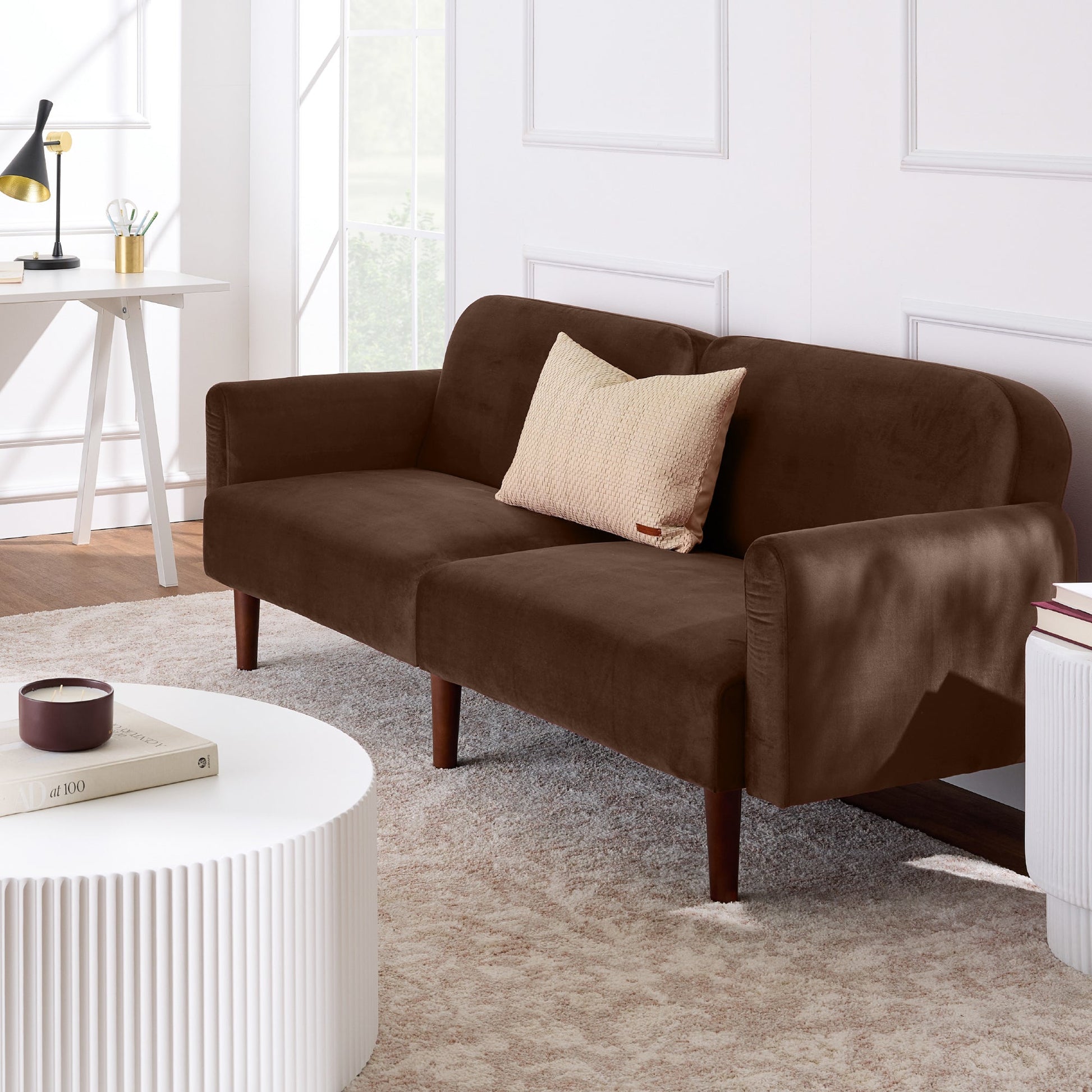 Curved Convertible Futon, Velvet Fabric Split-Back Sleeper Bed