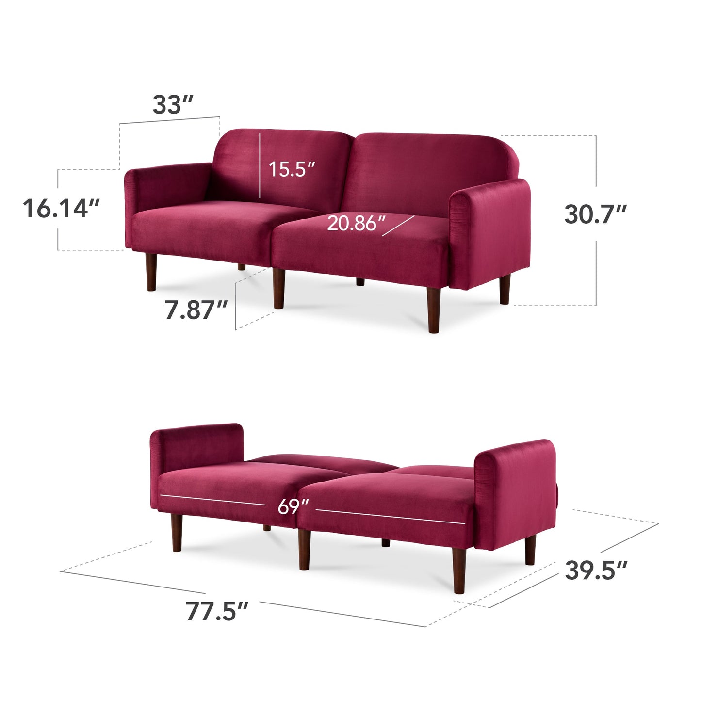 Curved Convertible Futon, Velvet Fabric Split-Back Sleeper Bed