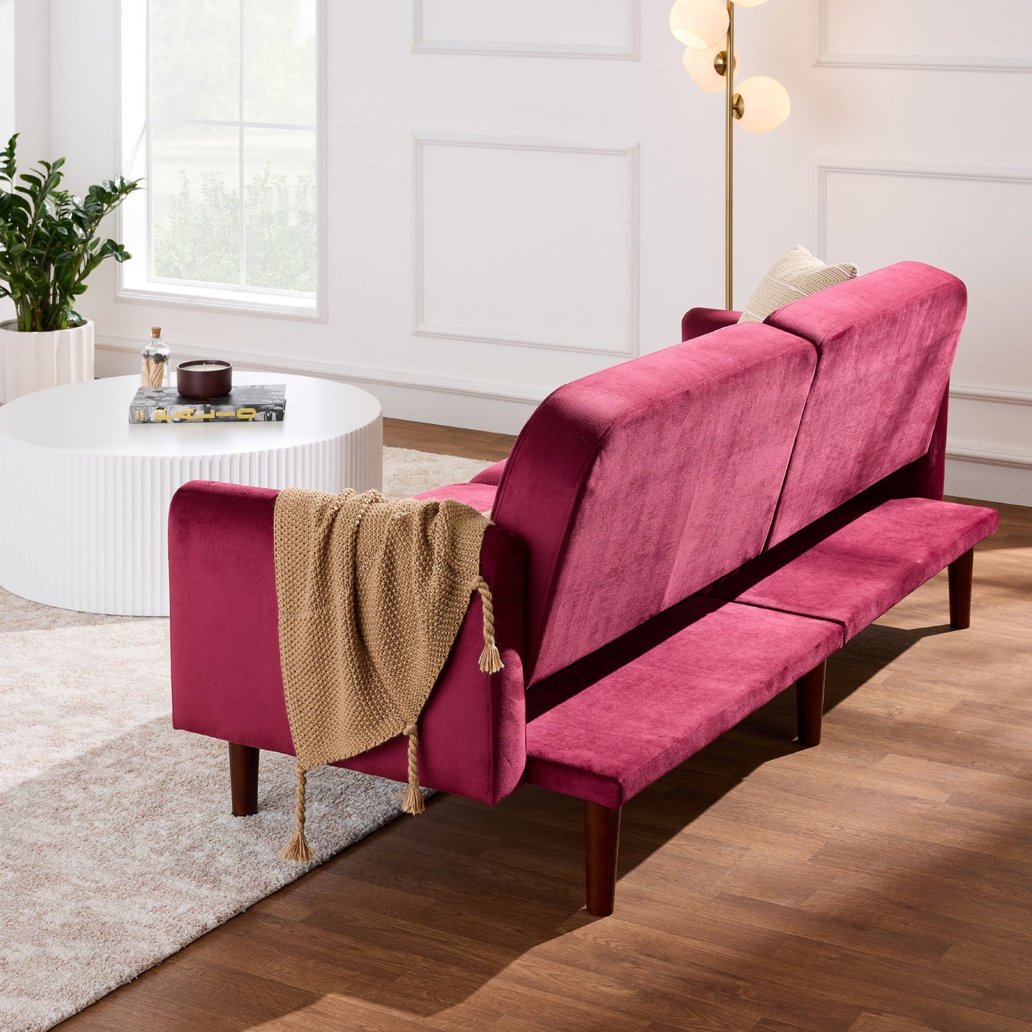 Curved Convertible Futon, Velvet Fabric Split-Back Sleeper Bed