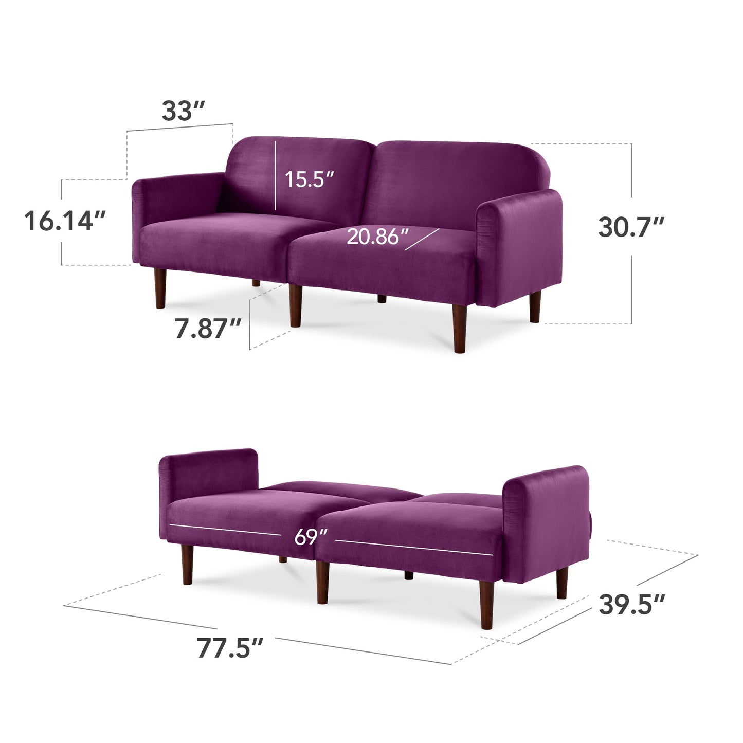 Curved Convertible Futon, Velvet Fabric Split-Back Sleeper Bed