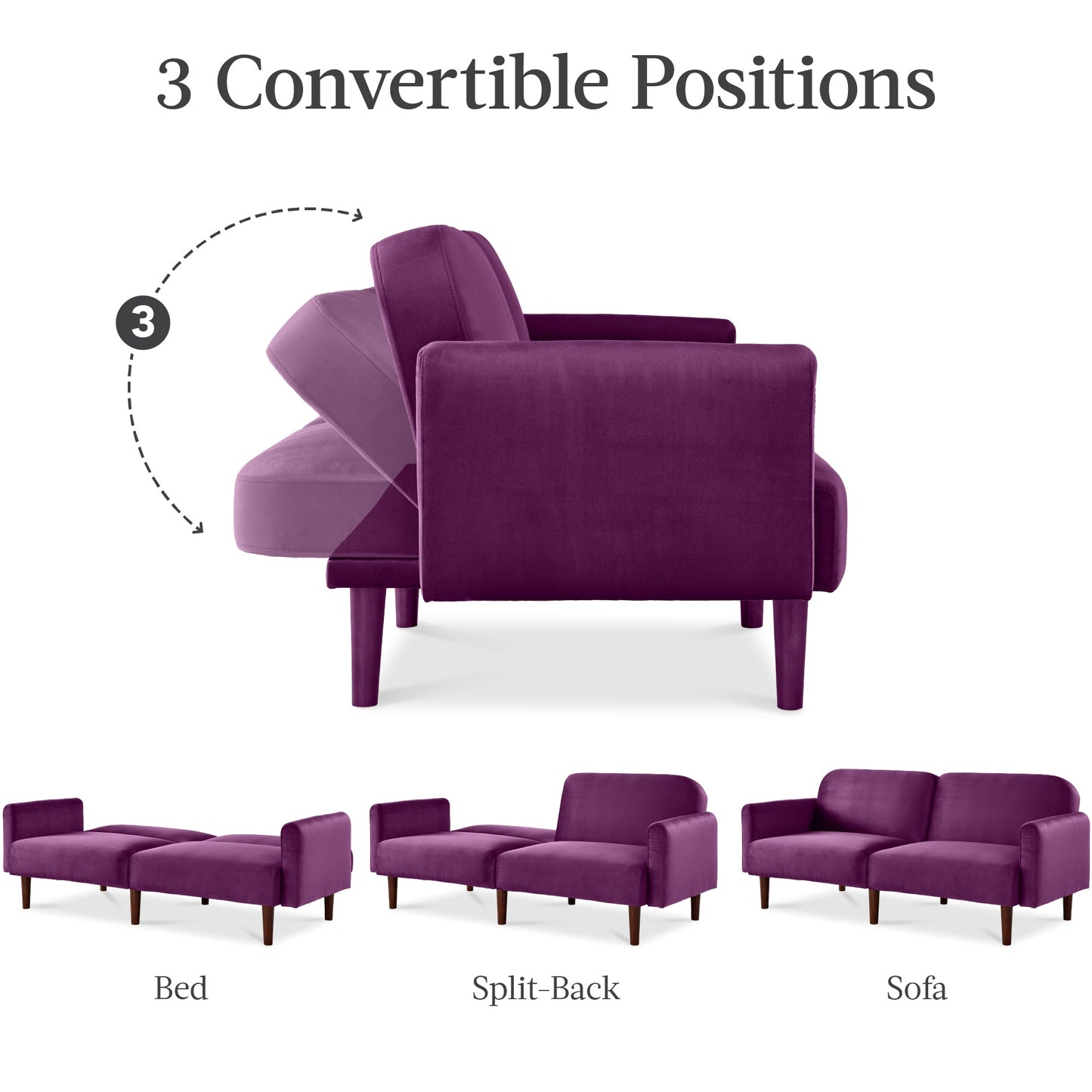 Curved Convertible Futon, Velvet Fabric Split-Back Sleeper Bed