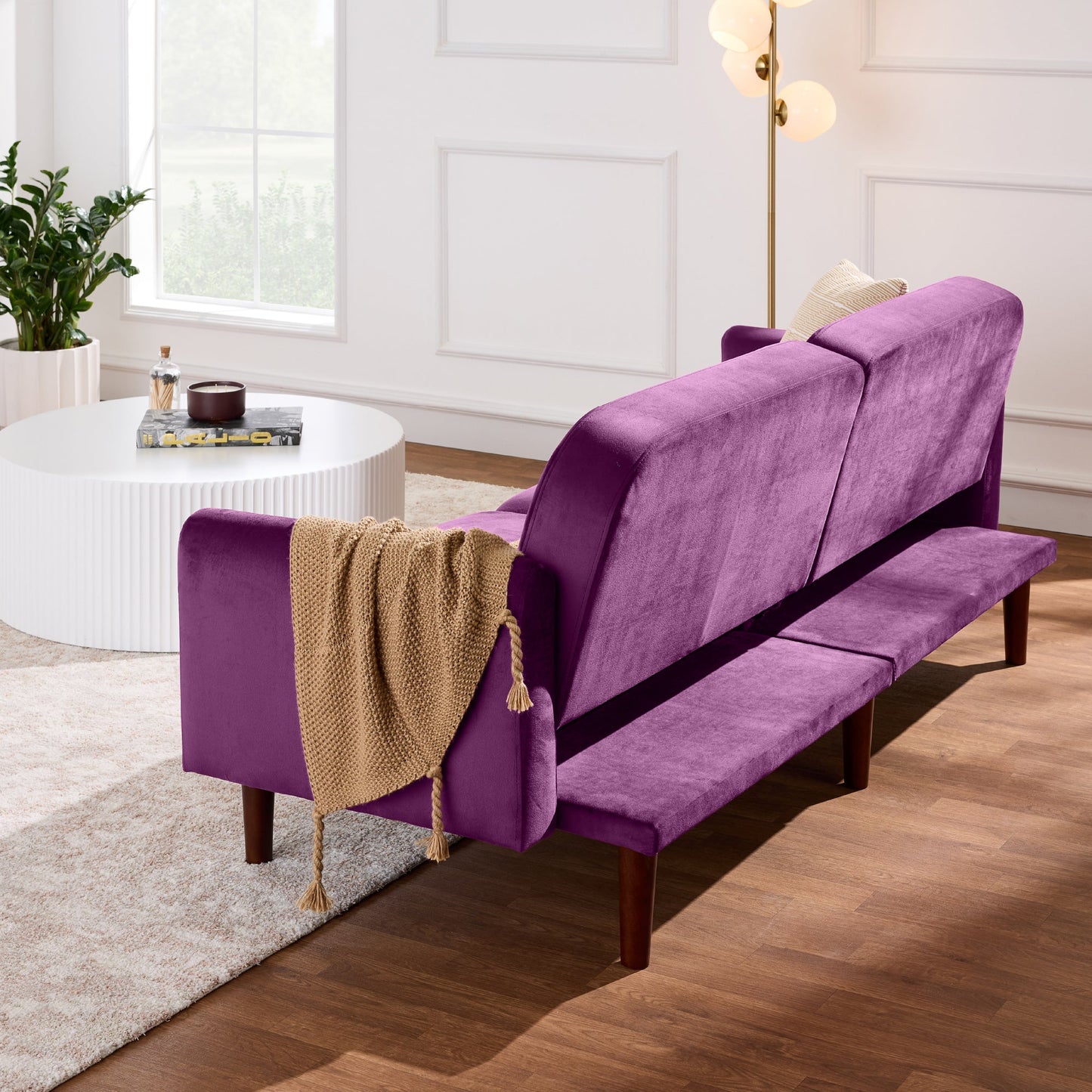Curved Convertible Futon, Velvet Fabric Split-Back Sleeper Bed