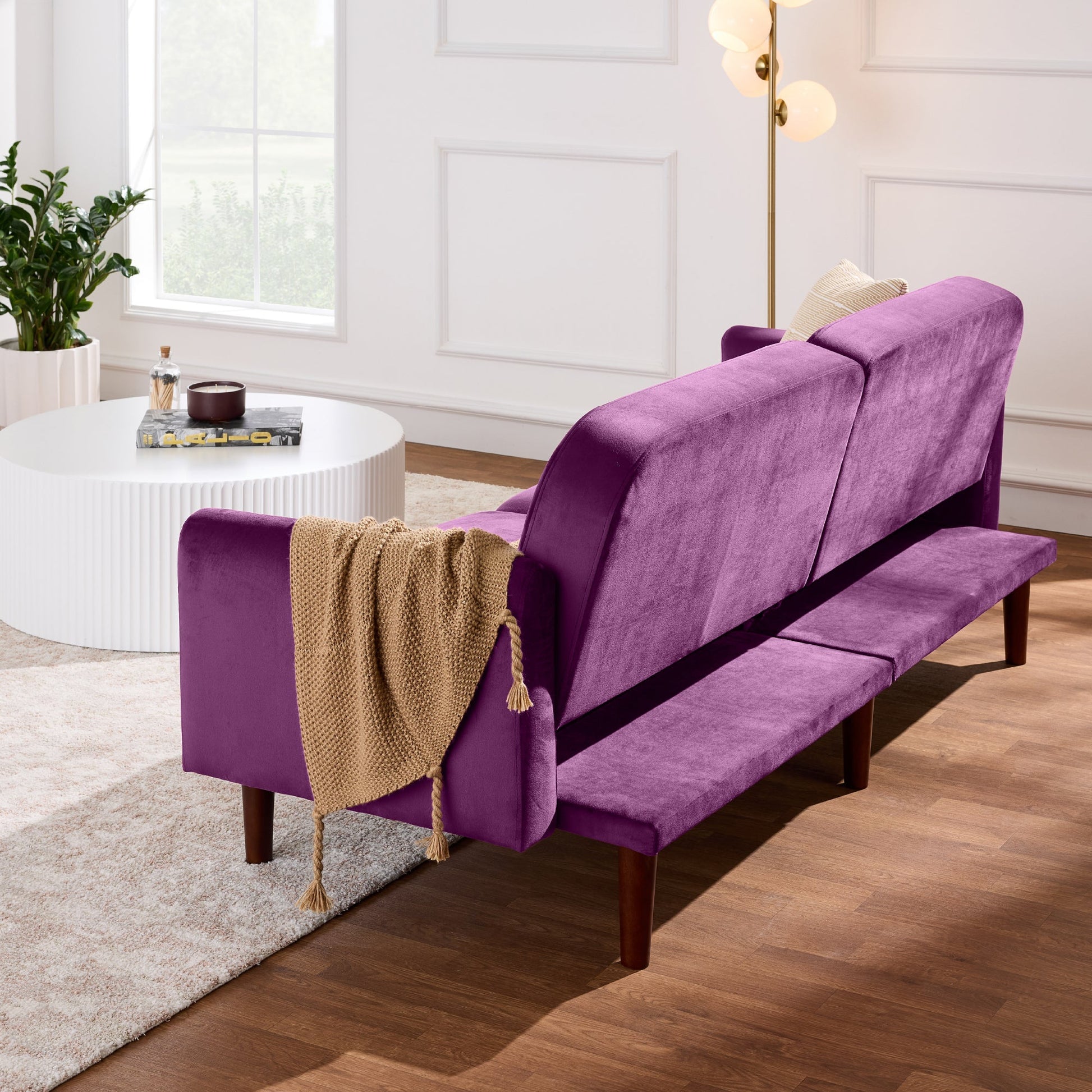 Curved Convertible Futon, Velvet Fabric Split-Back Sleeper Bed
