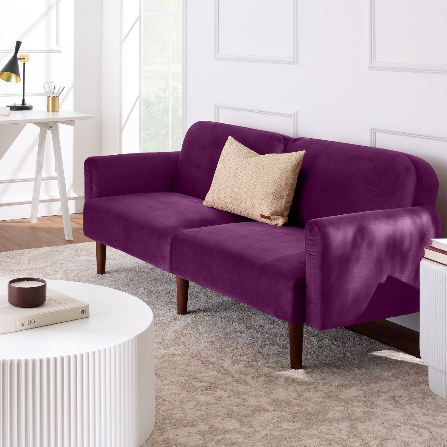 Curved Convertible Futon, Velvet Fabric Split-Back Sleeper Bed