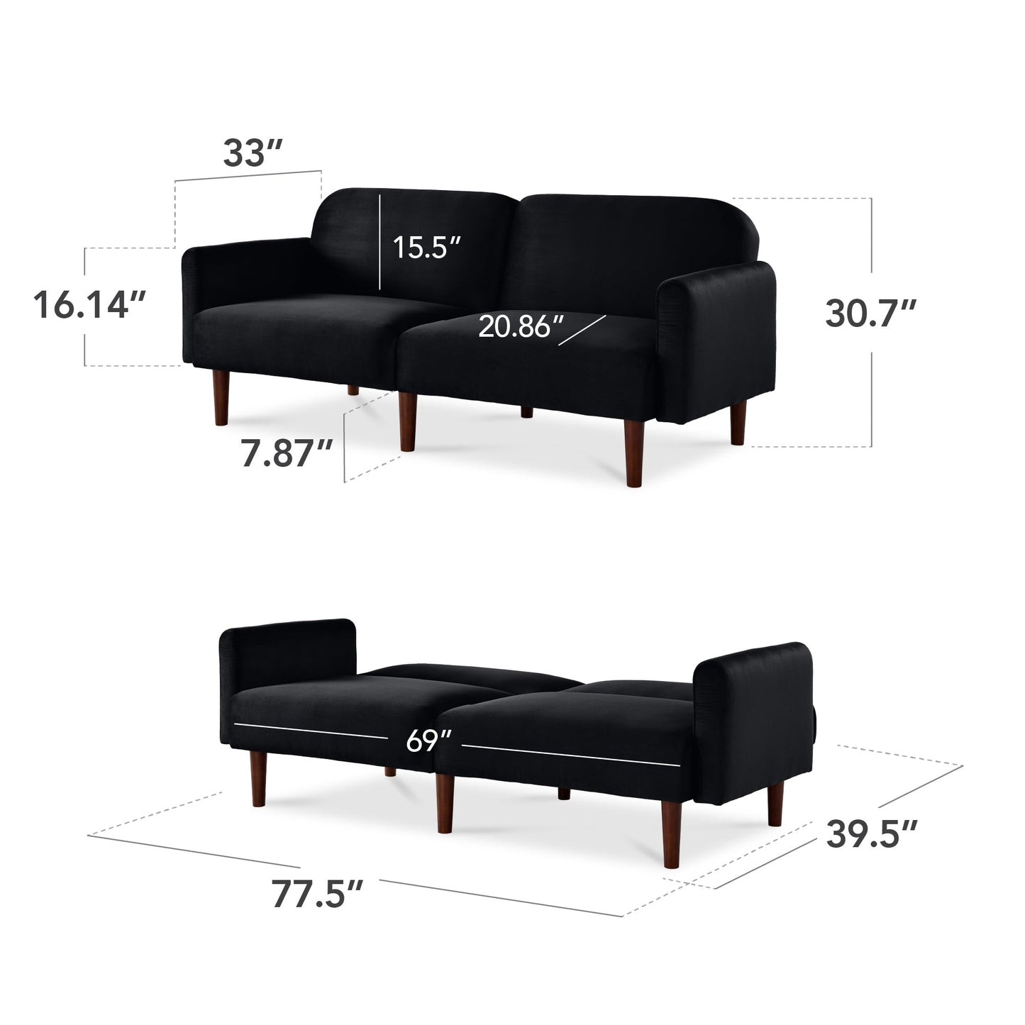 Curved Convertible Futon, Velvet Fabric Split-Back Sleeper Bed