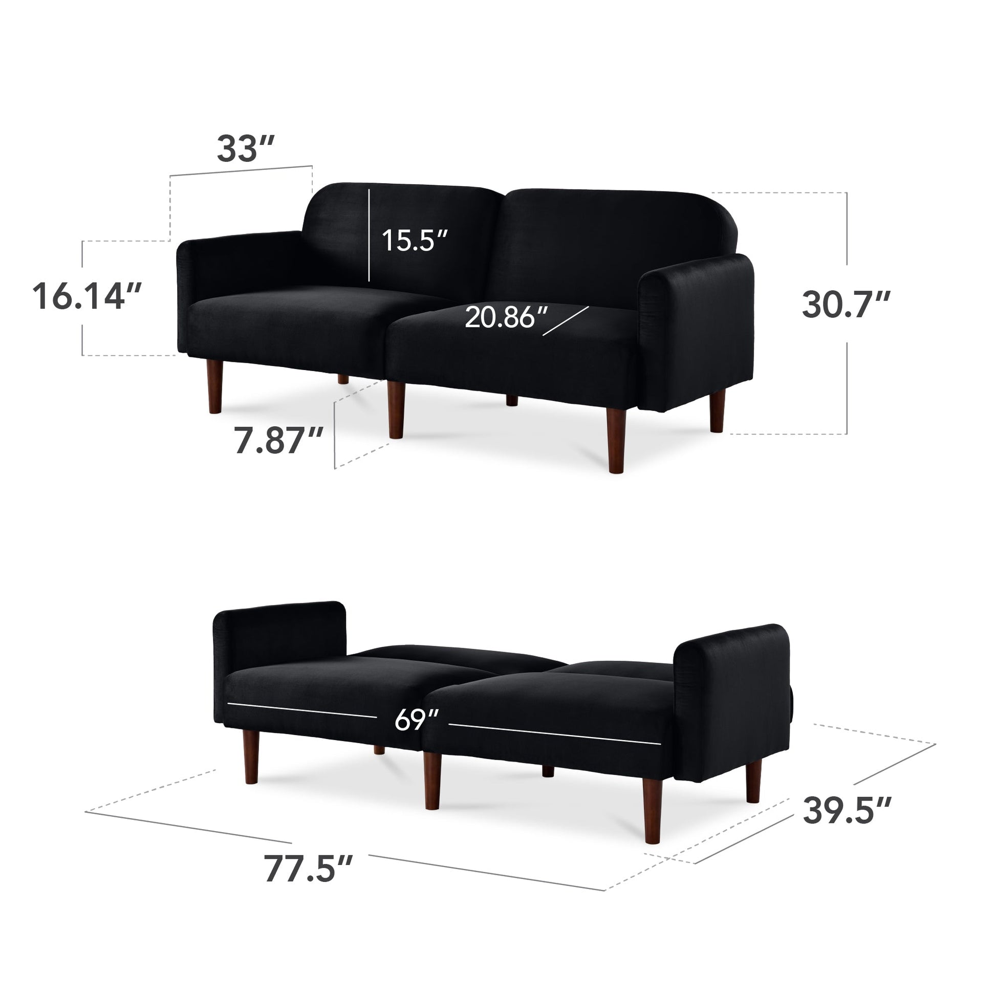 Curved Convertible Futon, Velvet Fabric Split-Back Sleeper Bed